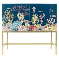 Fornasetti Raised Sideboard Cabinet Fondo Marino Hand Color Brass Base