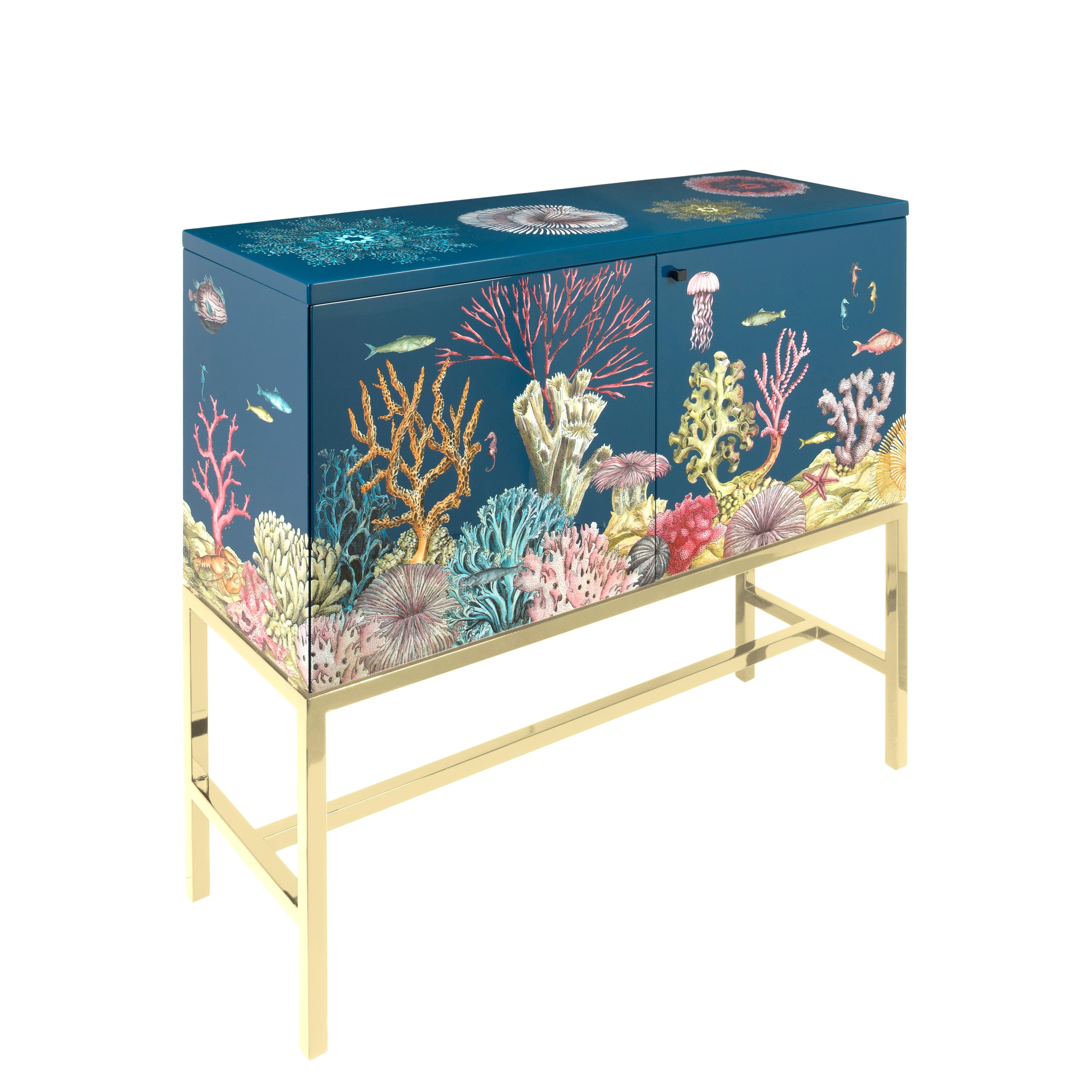 Modern Fornasetti Raised Sideboard Cabinet Fondo Marino Hand Color Brass Base