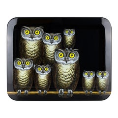 Fornasetti Rectangular Tray Civette Owls Hand-Colored on Black Wood