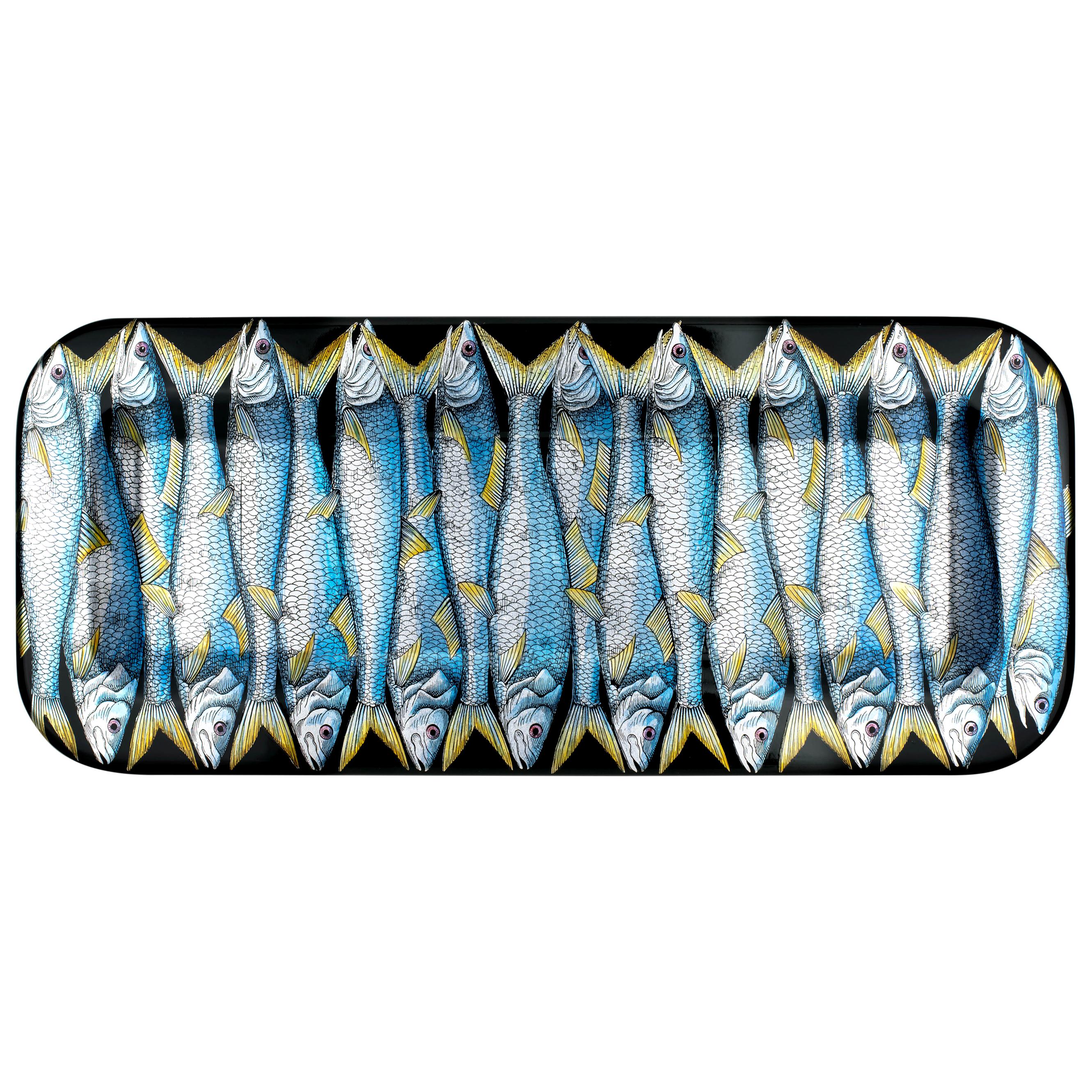 Fornasetti Rectangular Tray Sardine Silver Leaf on Black