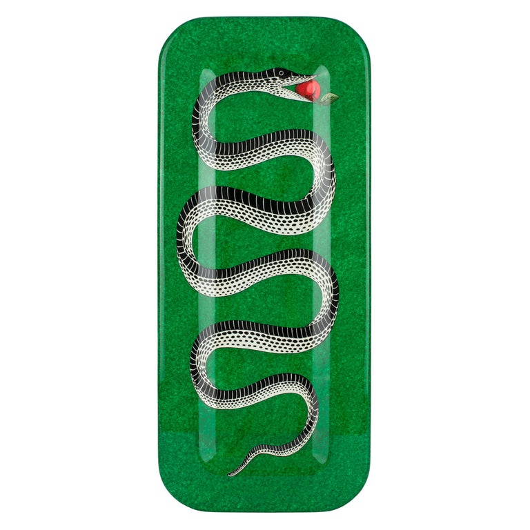 Fornasetti Rectangular Tray Serpente Snake Sponged Green Wood