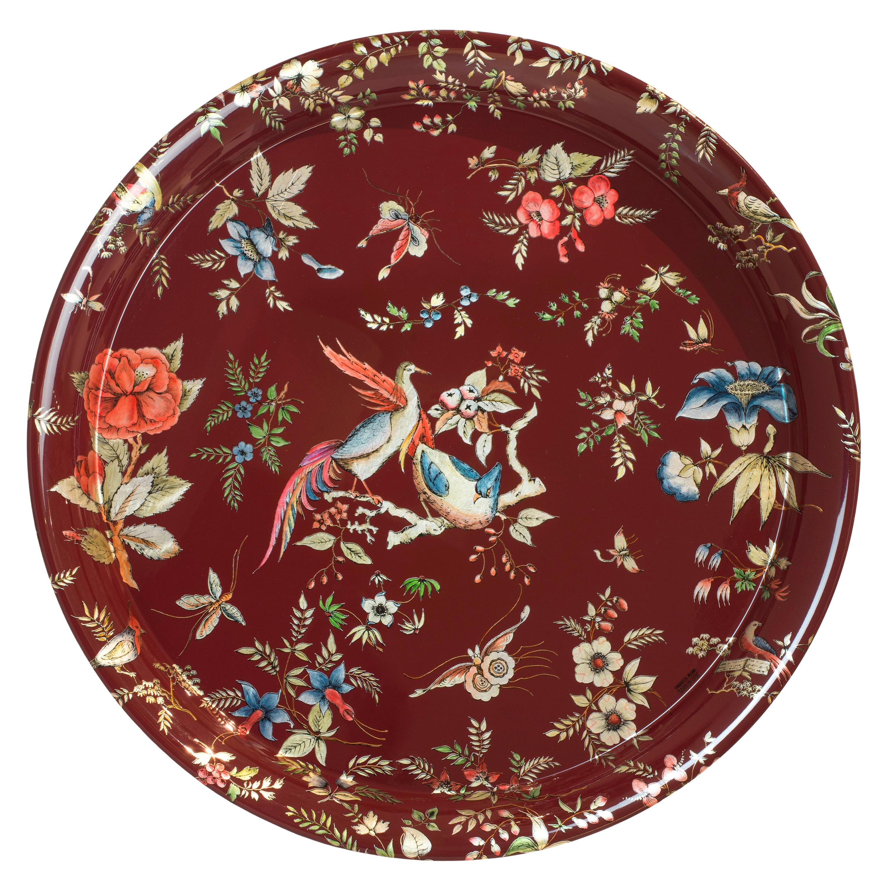 Fornasetti Round Tray Coromandel Hand Painted with Silver Leaf Red