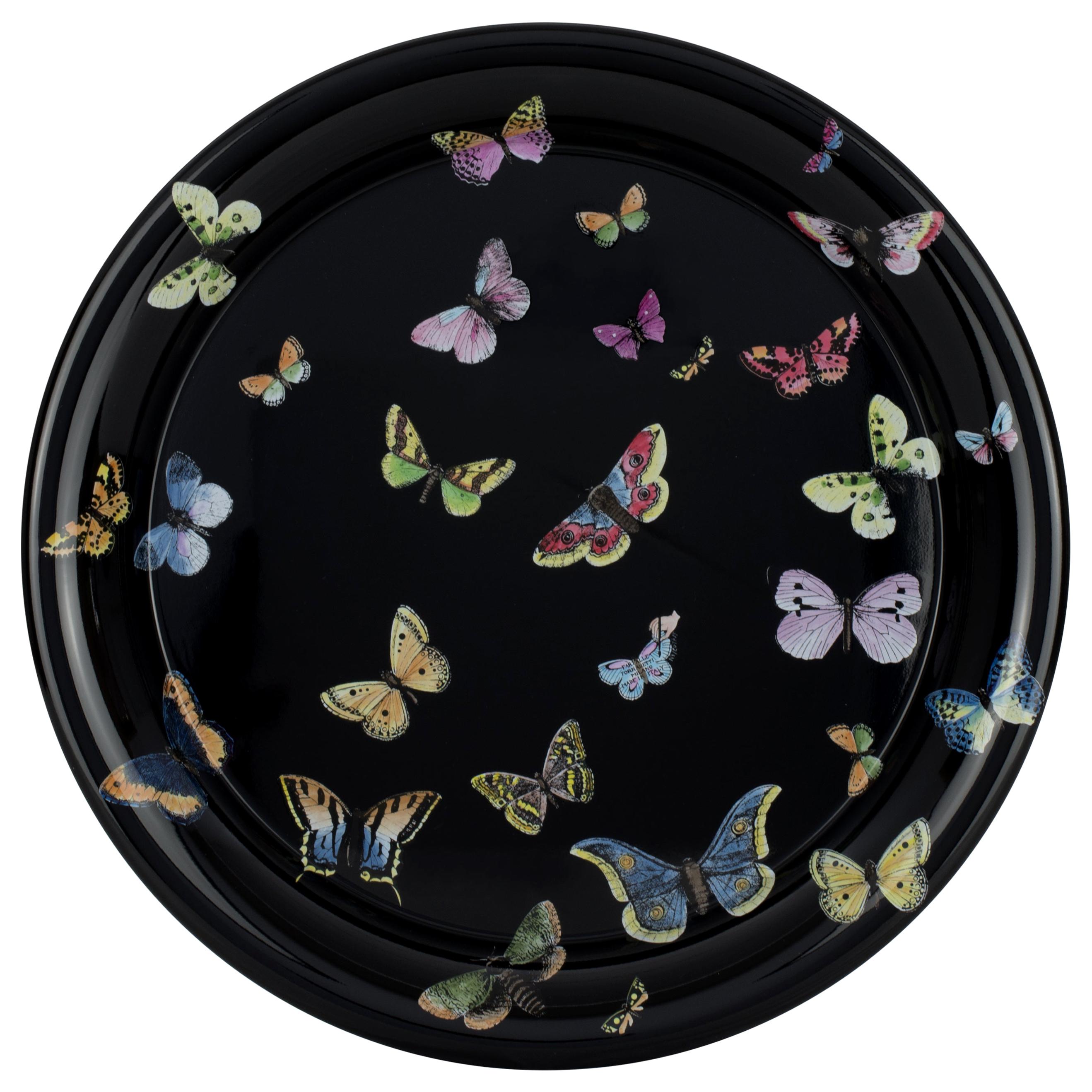 Fornasetti Round Tray Farfalle Butterflies Hand Colored on Black