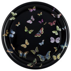 Fornasetti Round Tray Farfalle Butterflies Hand Colored on Black