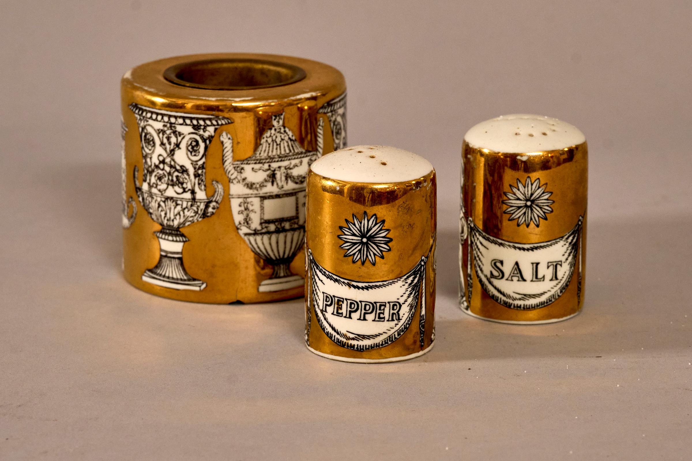 Mid-Century Modern Fornasetti salt and pepper shakers with an additional  container For Sale