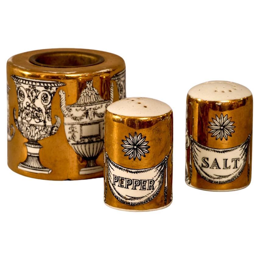 Fornasetti salt and pepper shakers with an additional  container For Sale