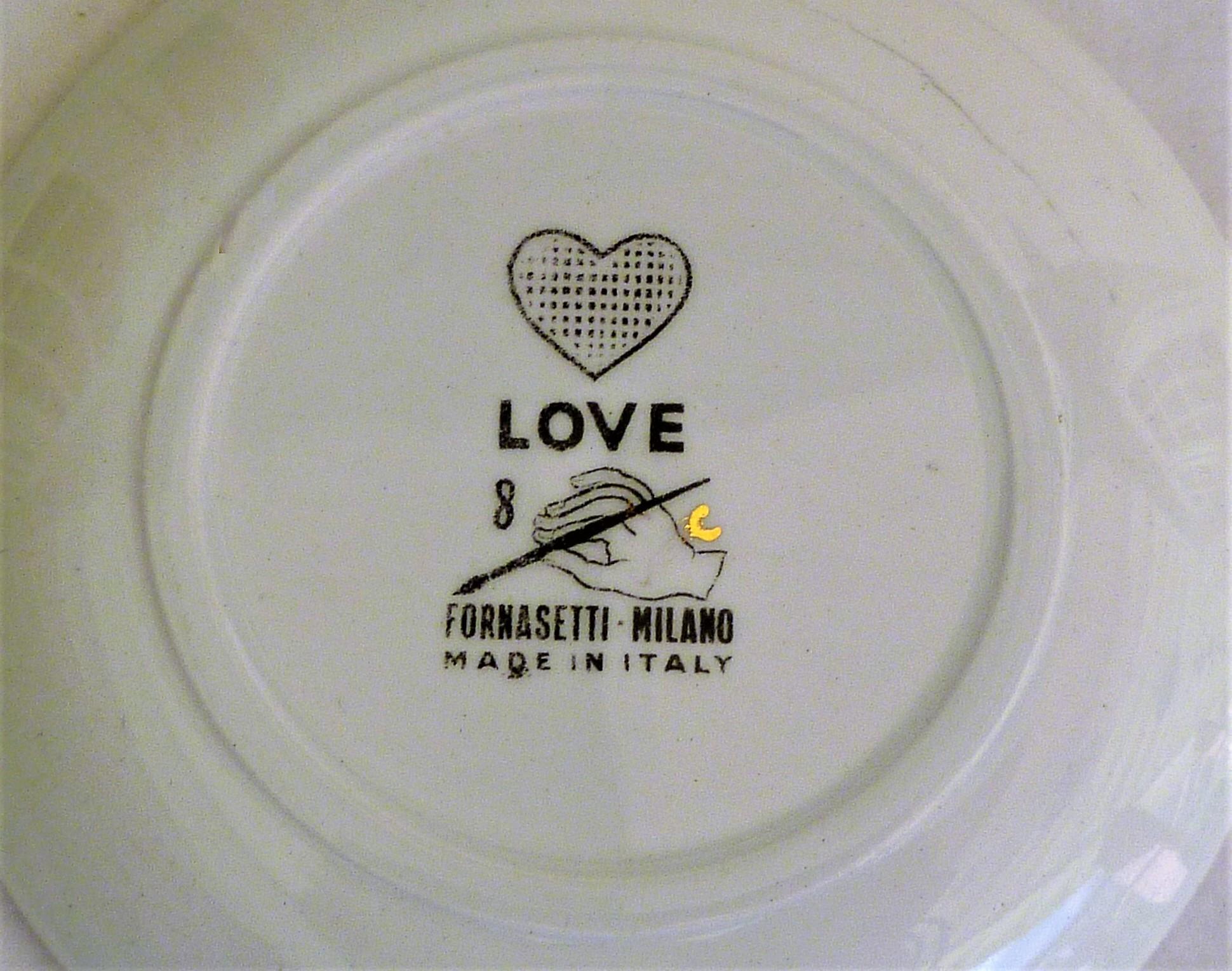 Fornasetti Set of 8 Decorated Porcelain Love Coasters One Bucciarelli, Italy 5