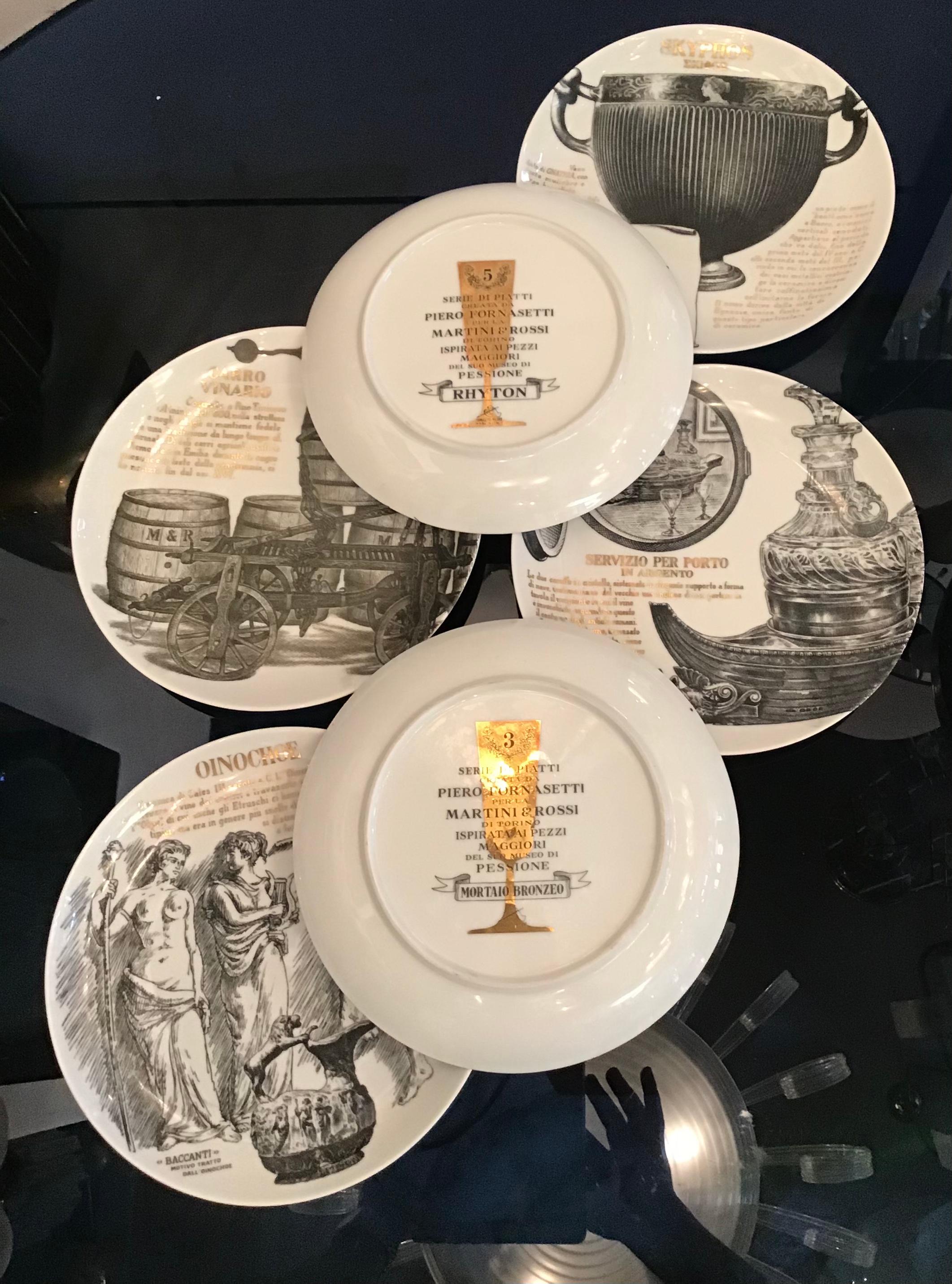 Fornasetti Set of 6 Plates for Martini and Rossi Porcelain, 1970, Italy For Sale 4