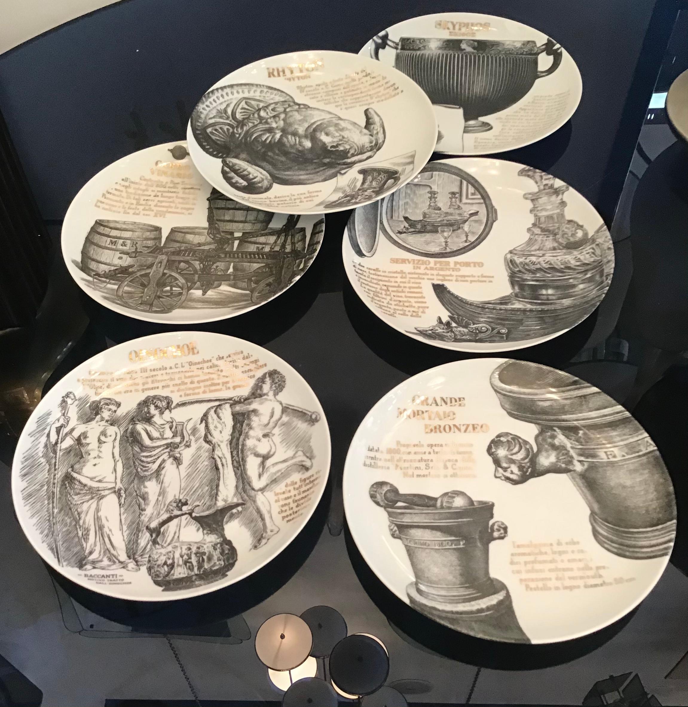 Fornasetti Set of 6 Plates for Martini and Rossi Porcelain, 1970, Italy For Sale 6