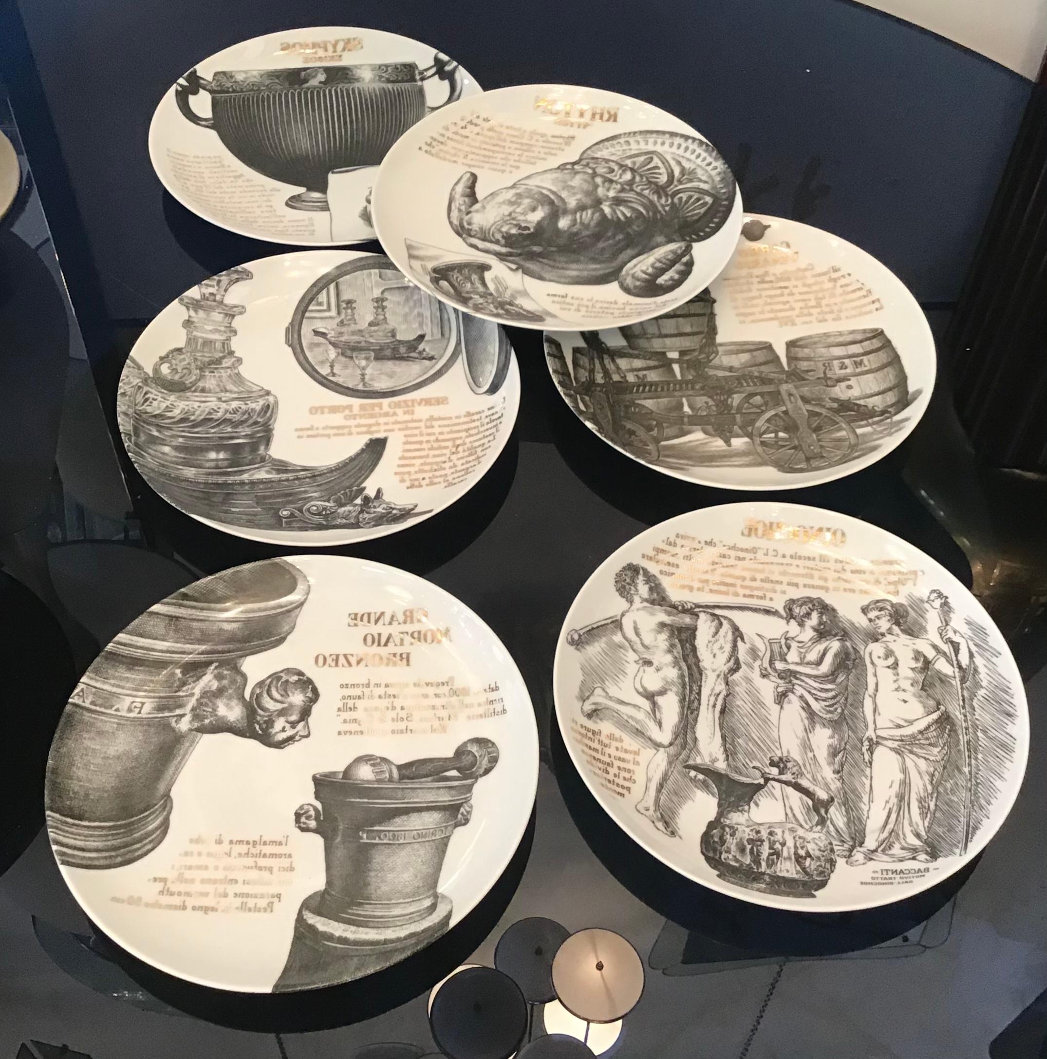 Fornasetti Set of 6 Plates for Martini and Rossi Porcelain, 1970, Italy For Sale 8
