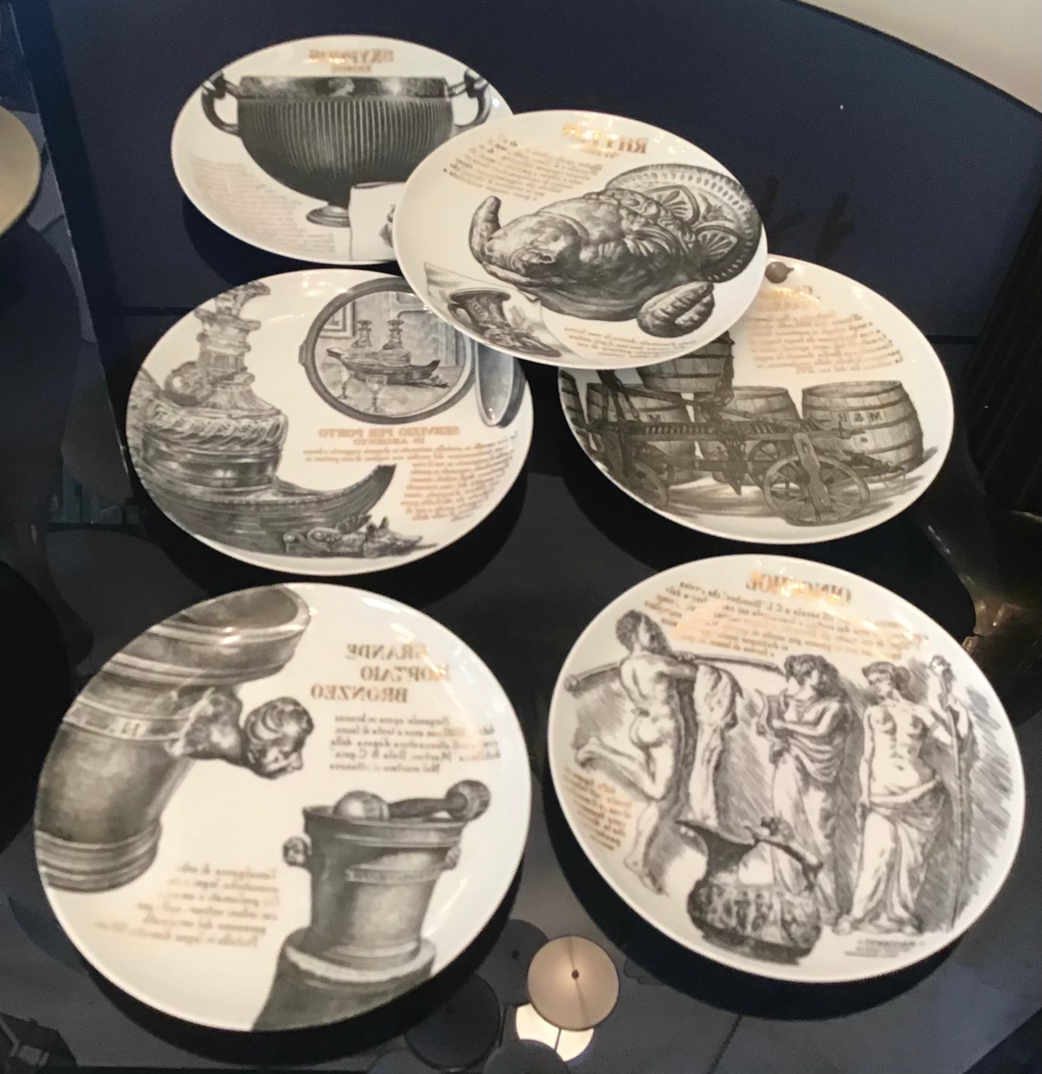Fornasetti Set of 6 Plates for Martini and Rossi Porcelain, 1970, Italy For Sale 9