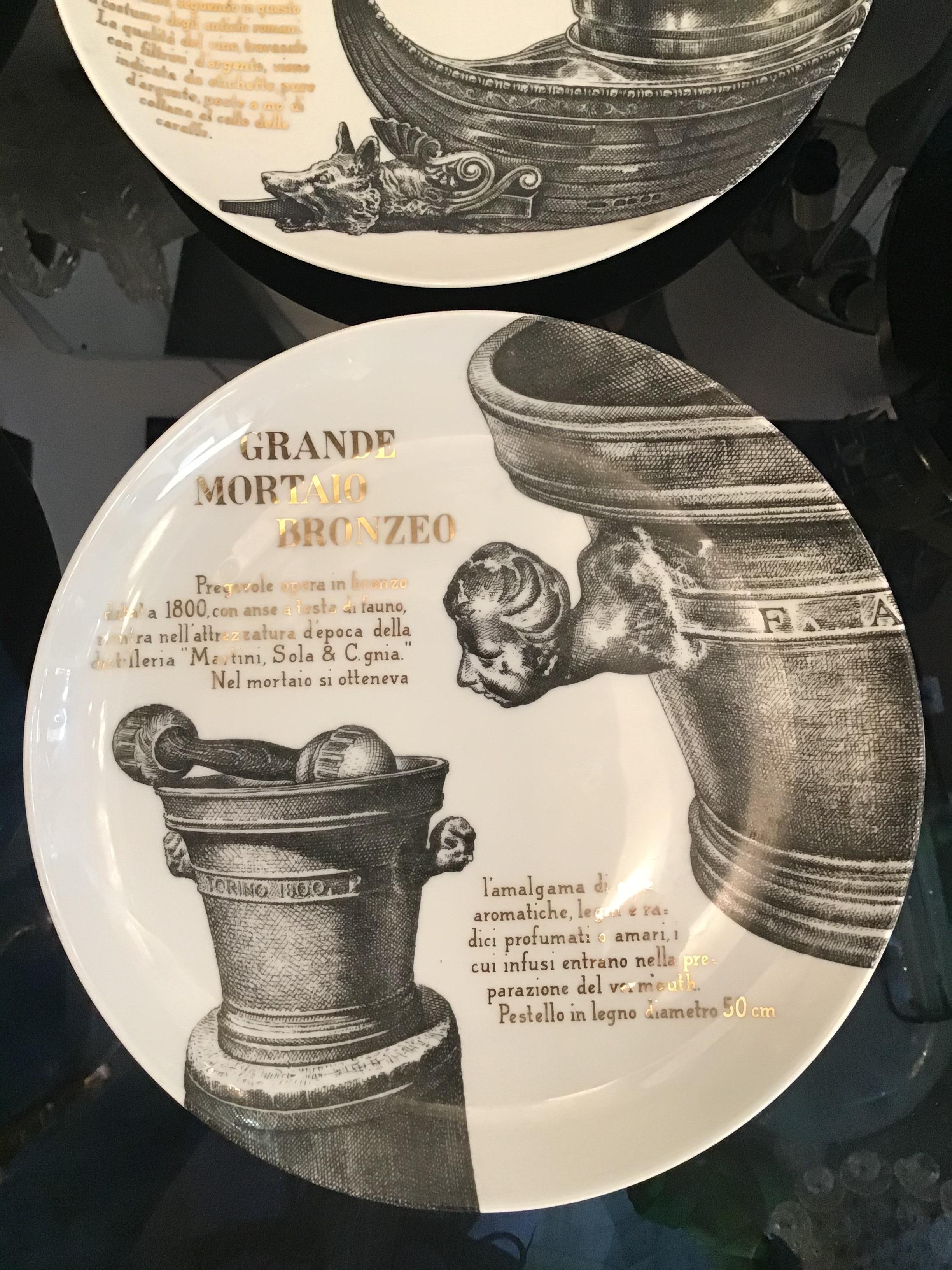 Fornasetti series of 6 plates for the Martini and Rossi of Turin inspired by the major pieces of his Pessione Museum.