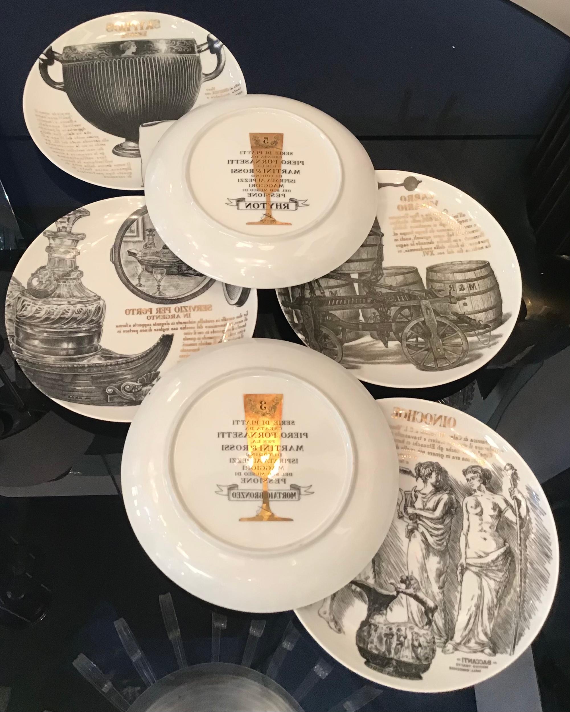 Other Fornasetti Set of 6 Plates for Martini and Rossi Porcelain, 1970, Italy For Sale