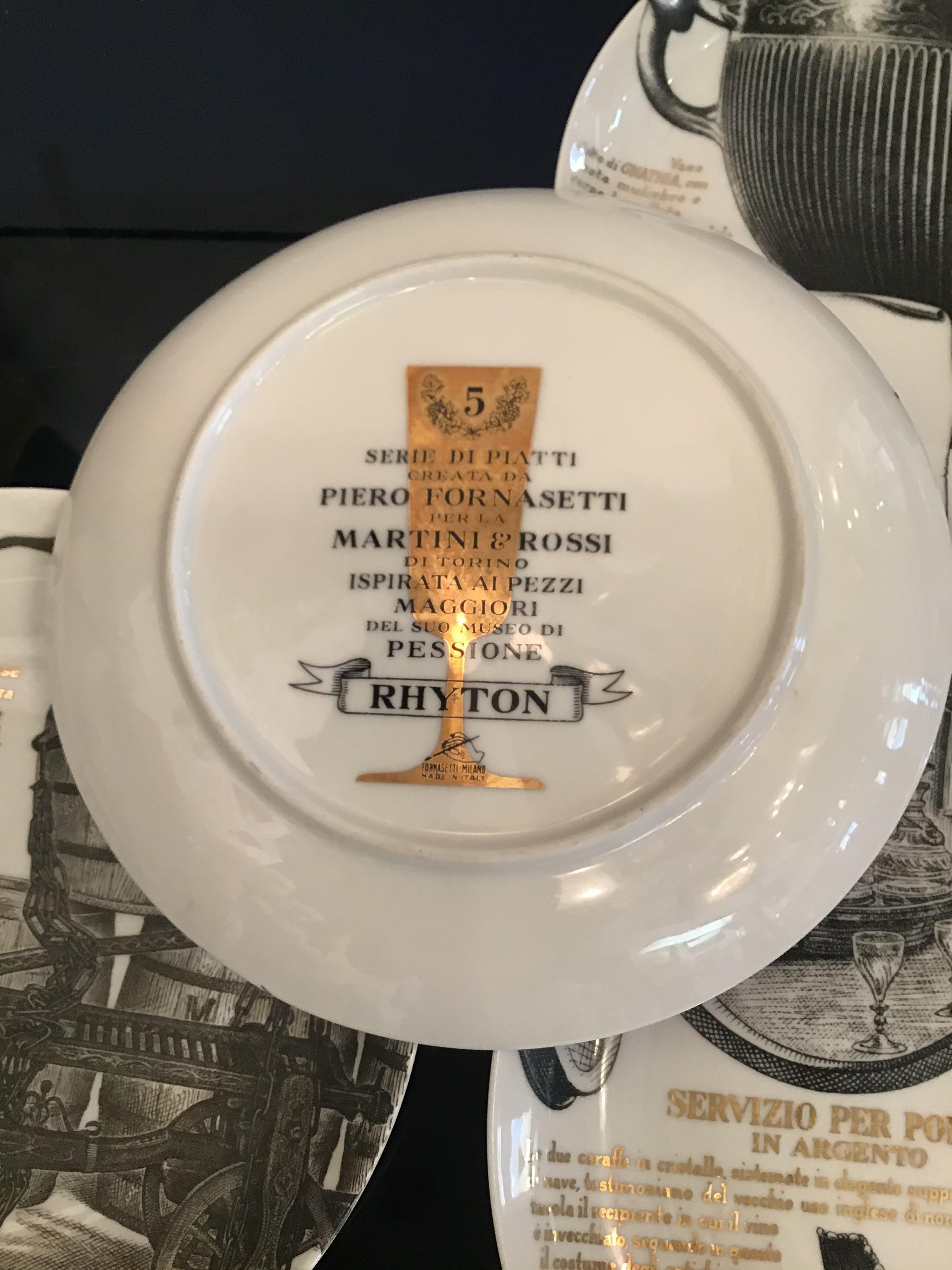 Italian Fornasetti Set of 6 Plates for Martini and Rossi Porcelain, 1970, Italy For Sale