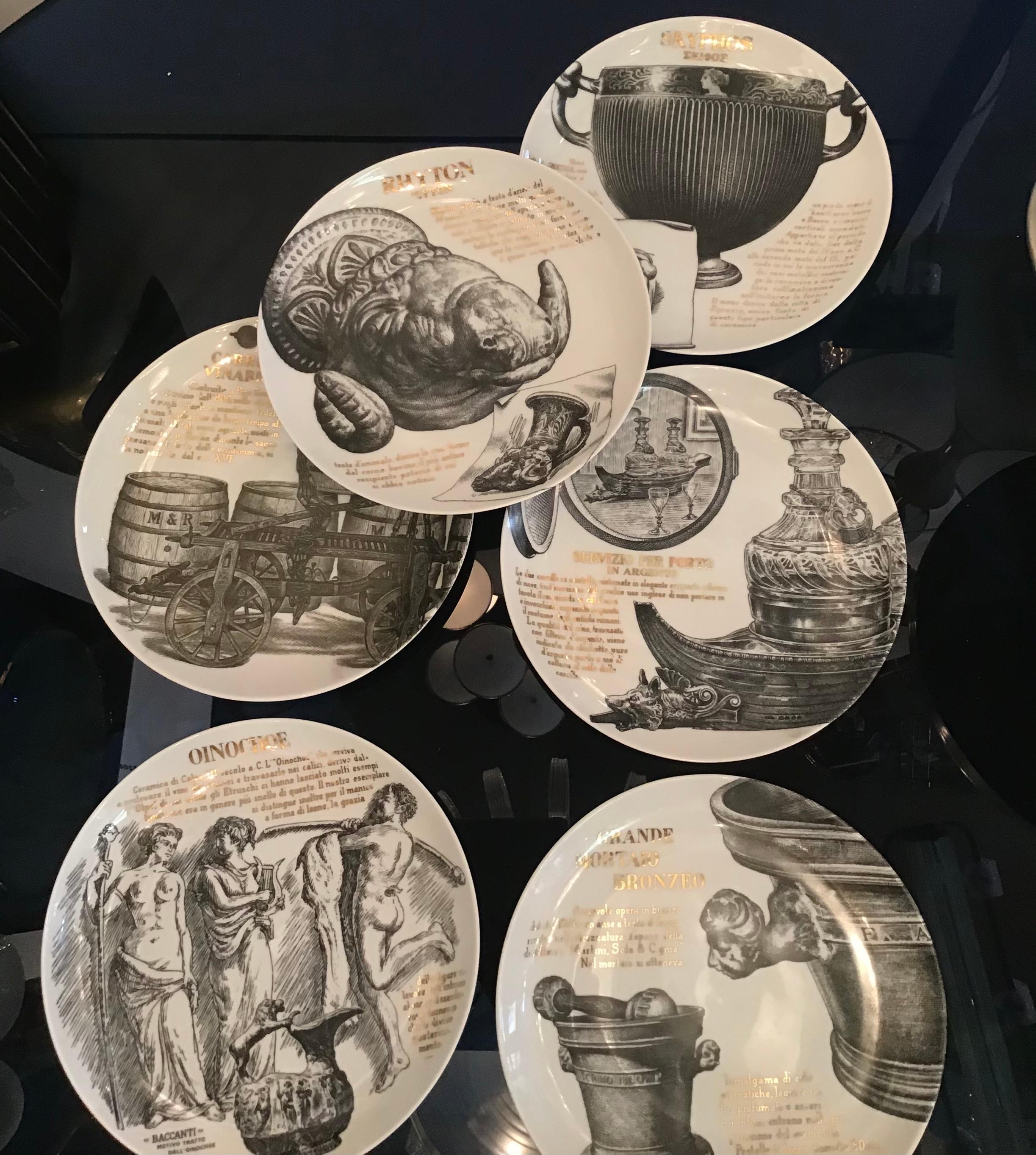 Late 20th Century Fornasetti Set of 6 Plates for Martini and Rossi Porcelain, 1970, Italy For Sale