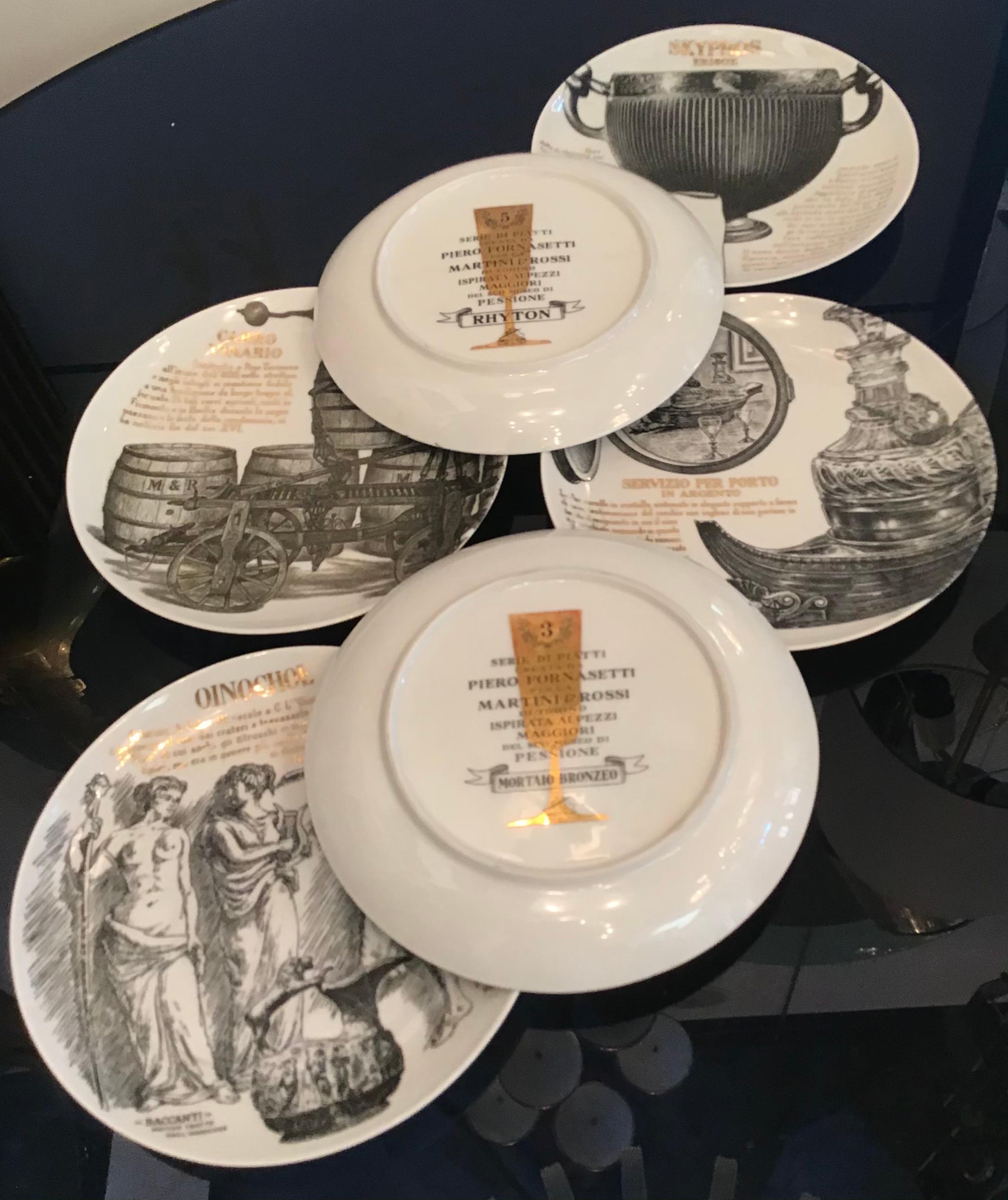 Fornasetti Set of 6 Plates for Martini and Rossi Porcelain, 1970, Italy For Sale 1