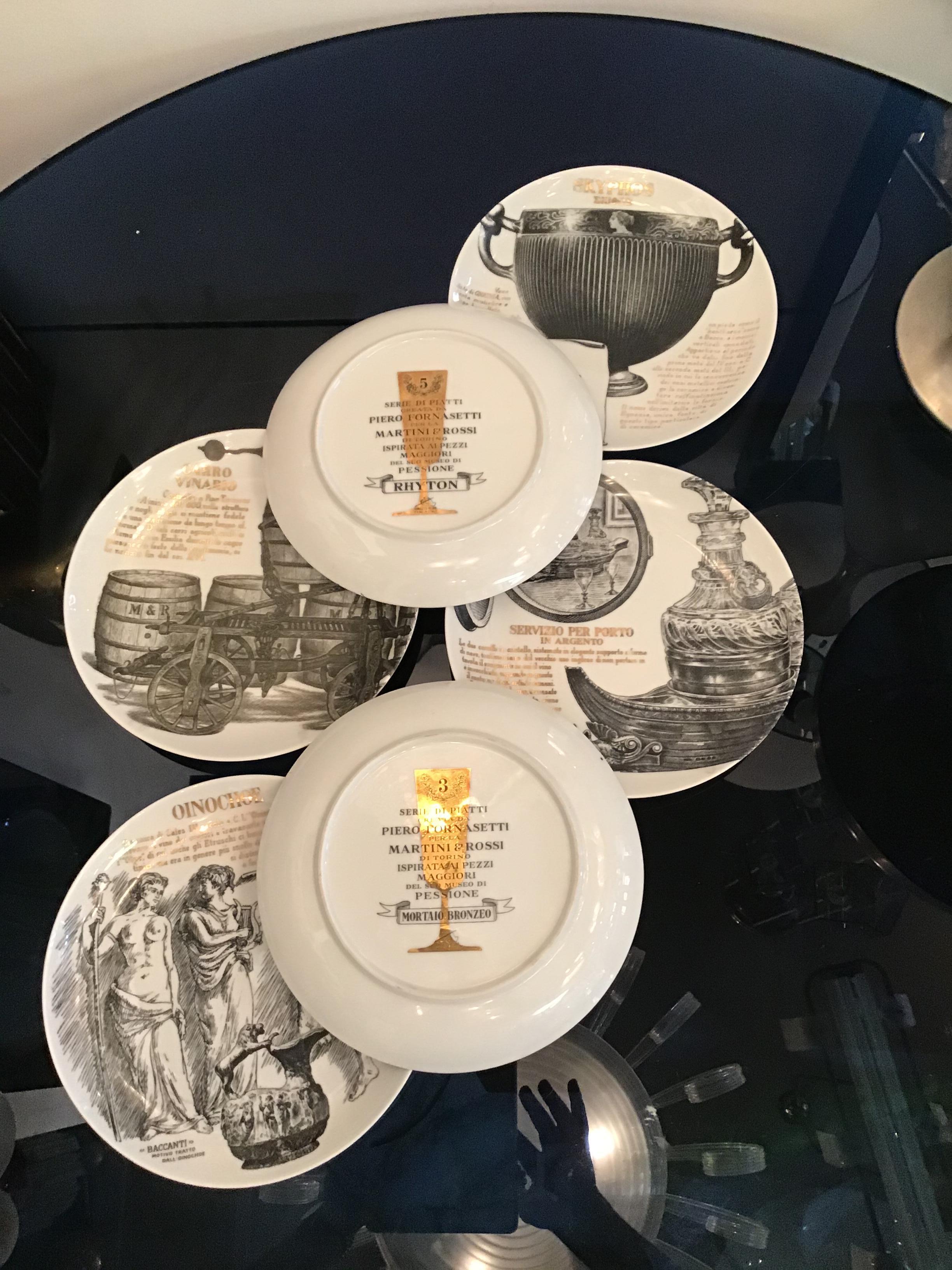 Fornasetti Set of 6 Plates for Martini and Rossi Porcelain, 1970, Italy For Sale 2