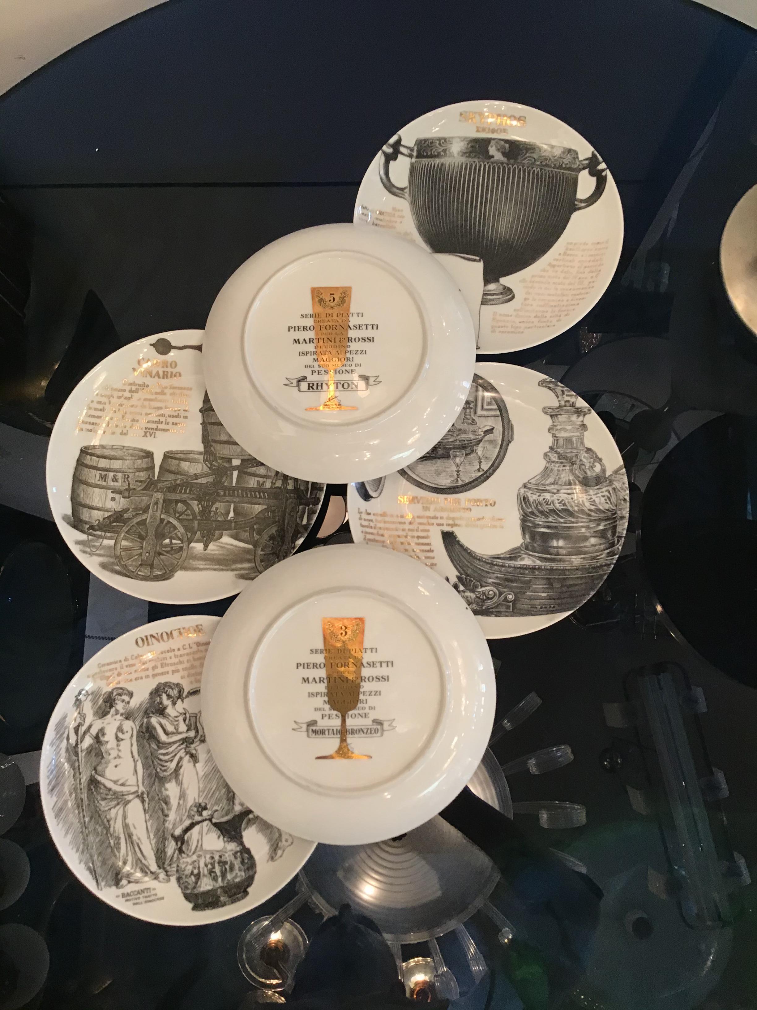 Fornasetti Set of 6 Plates for Martini and Rossi Porcelain, 1970, Italy For Sale 3