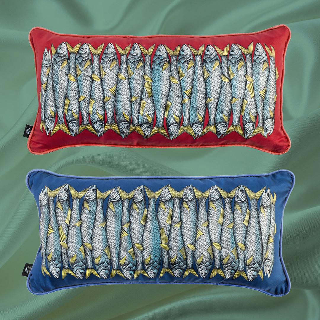 Italian Fornasetti Silk Cushion Sardine Fishes on Blue