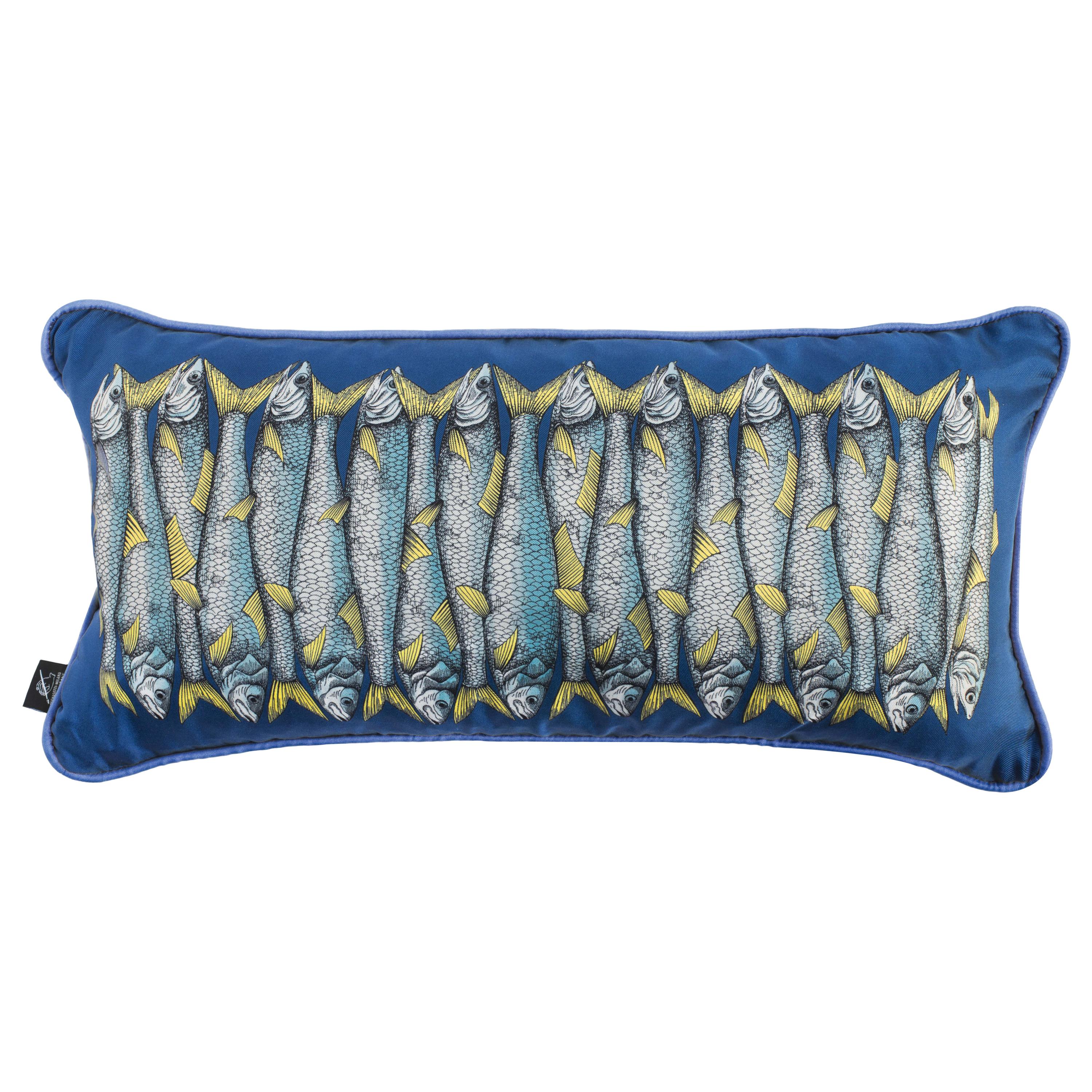Fornasetti Silk Cushion Sardine Fishes on Blue For Sale at 1stDibs