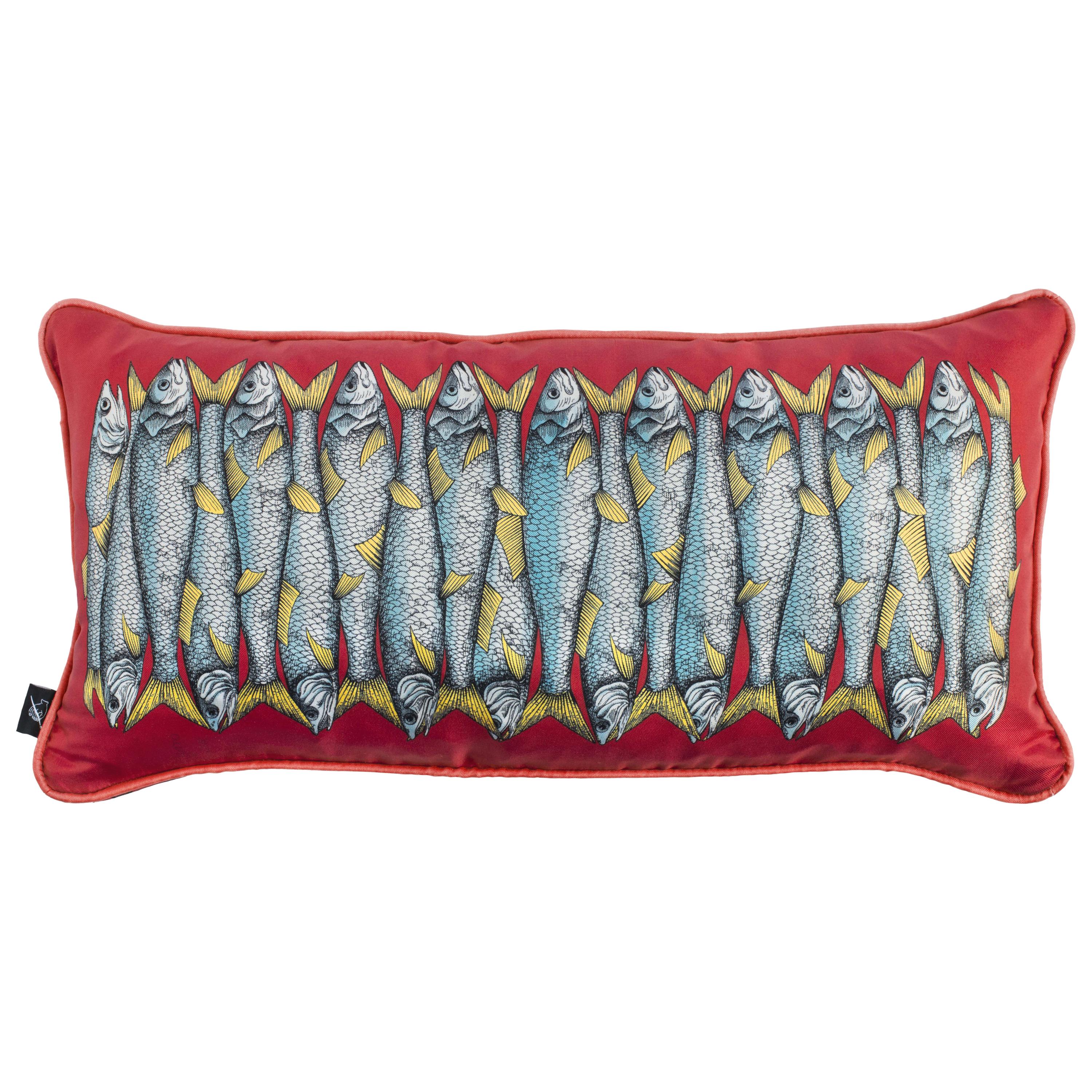 Fornasetti Silk Cushion Sardine Fishes on Red