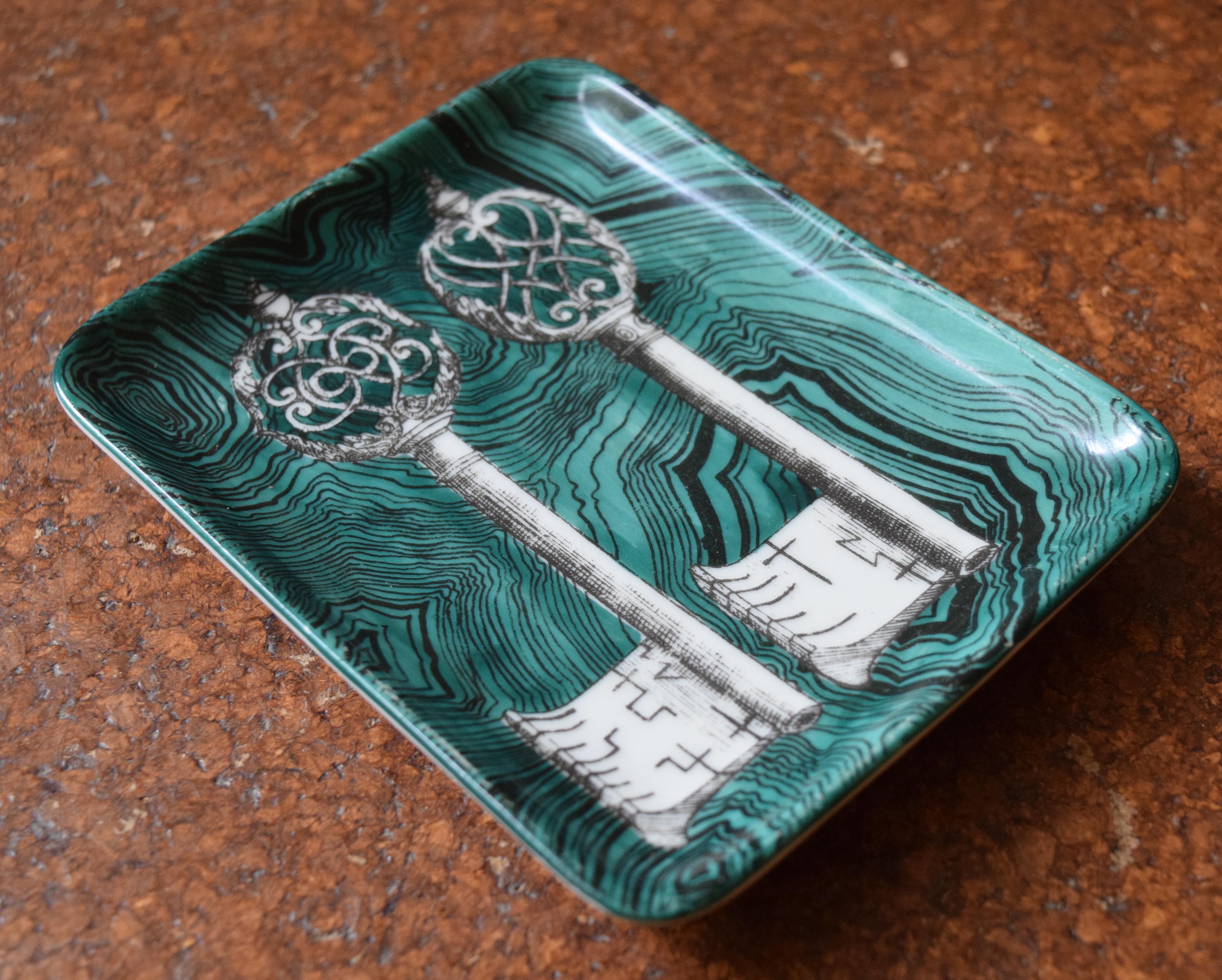 Store closing-- last day is 7/31. Offers welcome! Vintage Fornasetti dish depicting ornate skeleton keys on faux malachite background.