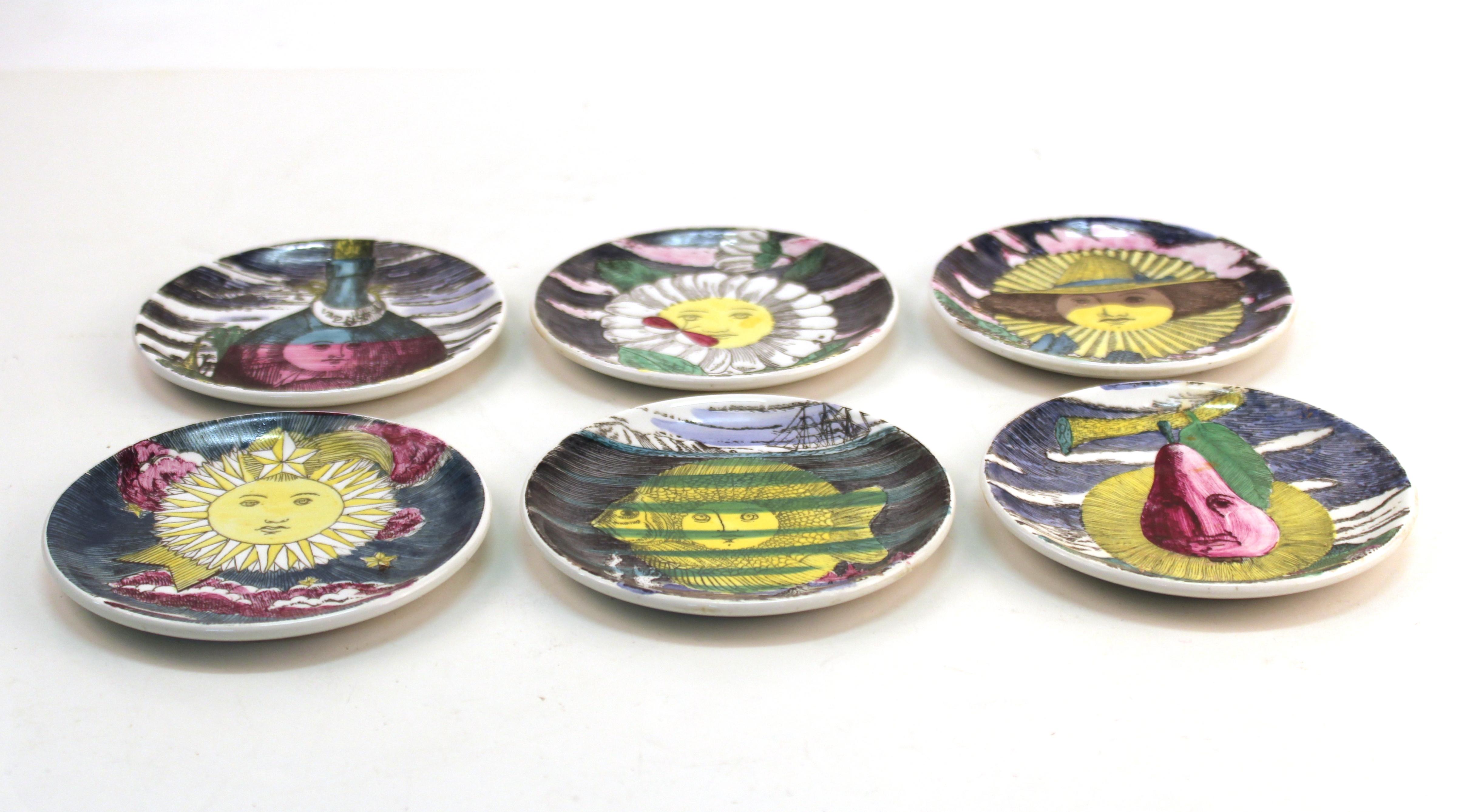 Mid-Century Modern Fornasetti 'Soli E Lune' Set of Porcelain Coasters with Original Box