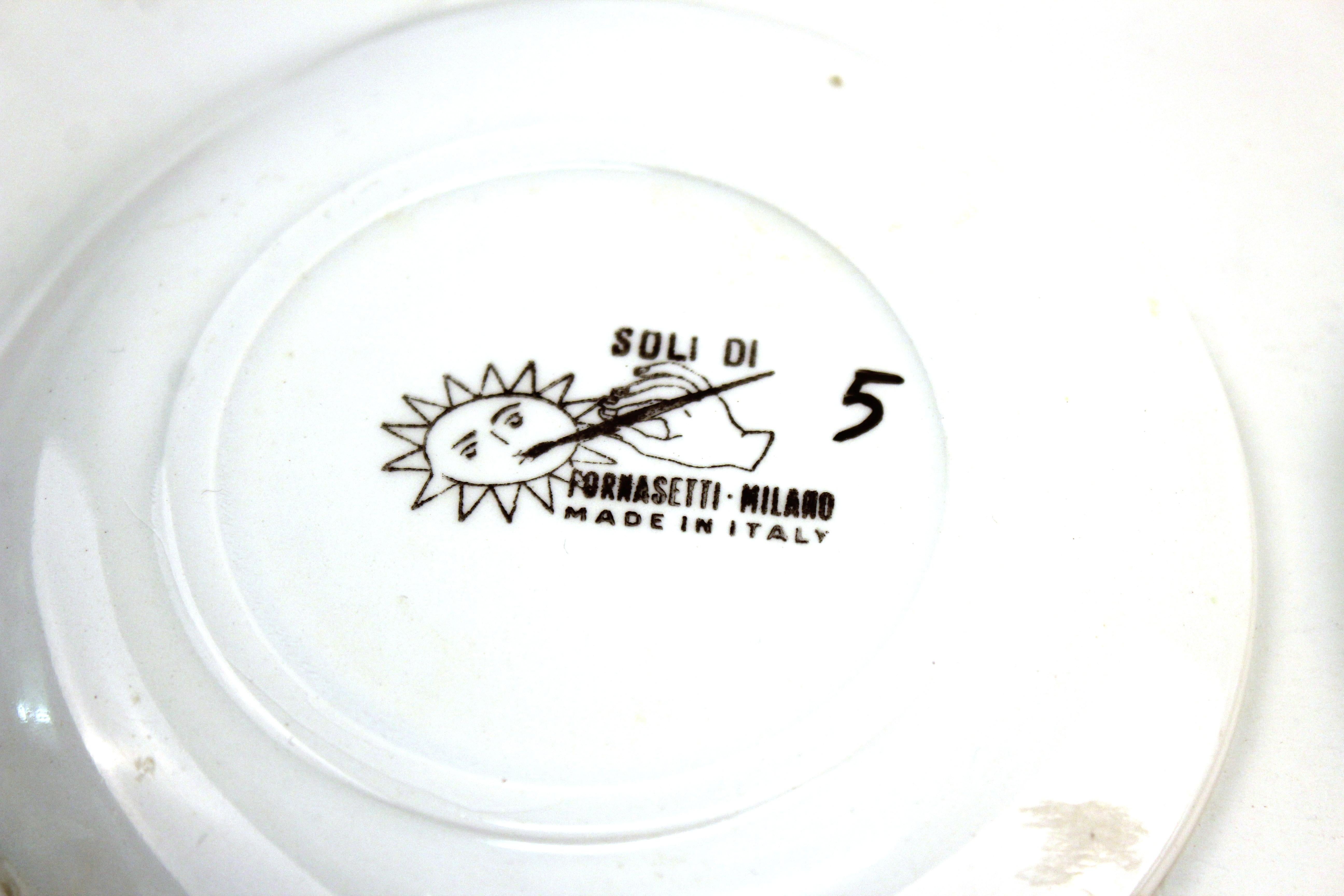 Fornasetti 'Soli E Lune' Set of Porcelain Coasters with Original Box In Good Condition In Astoria, NY