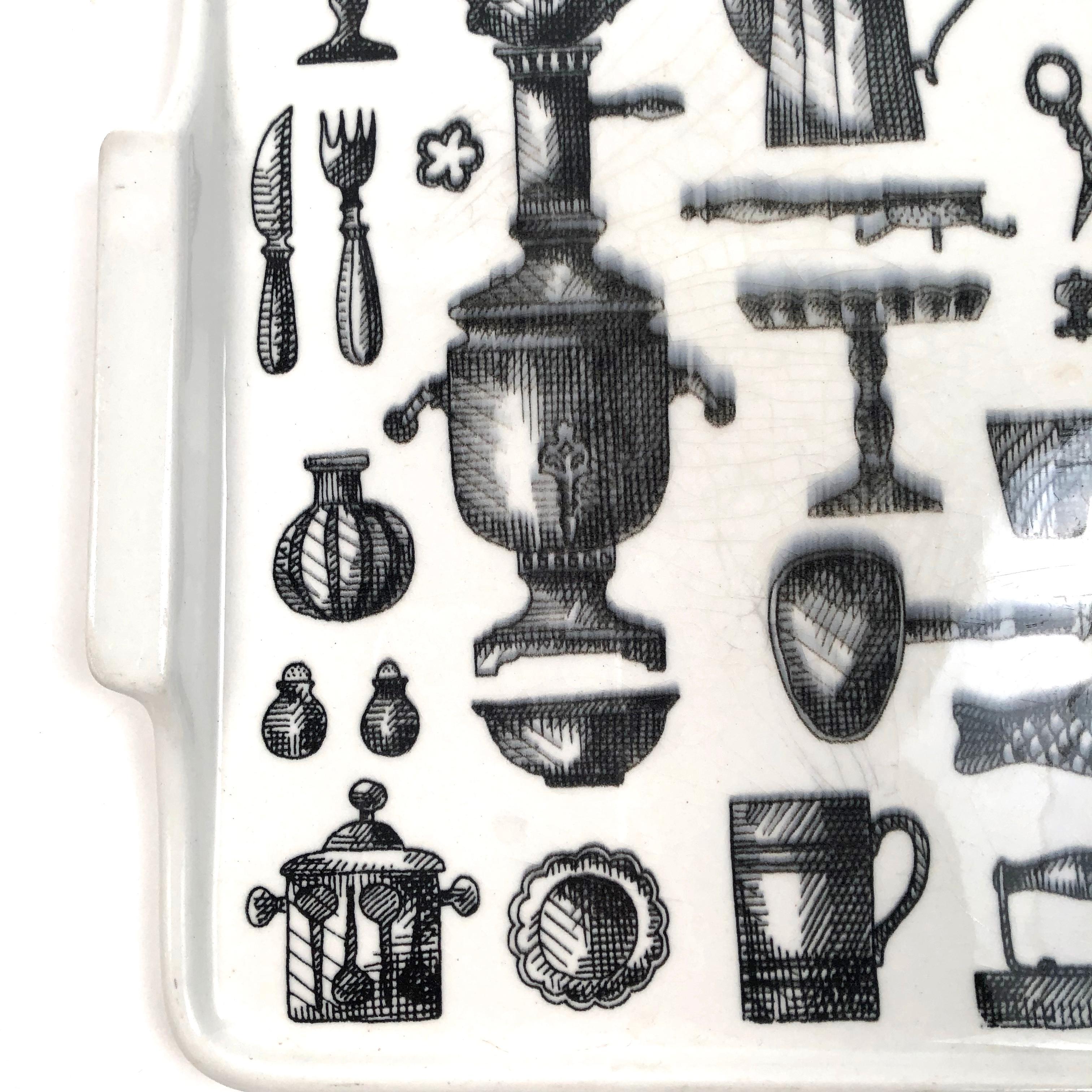 Finnish Back and White Ceramic Tray Decorated with Kitchen Items