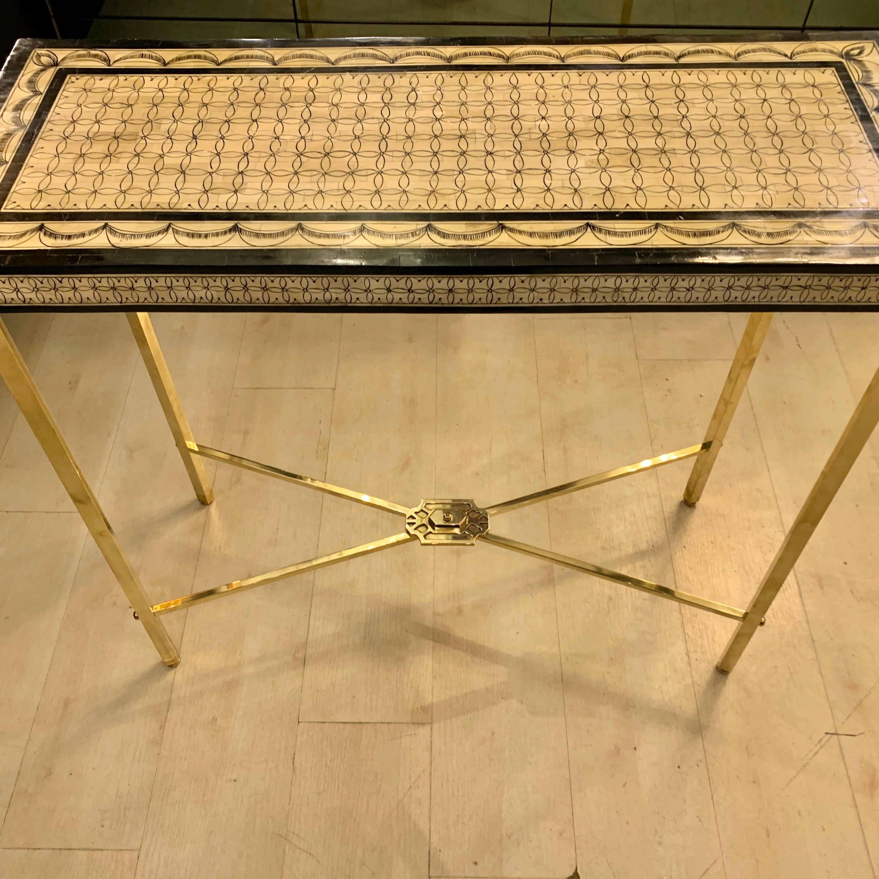 Fornasetti Style Bone Mosaic Console with Brass Legs, 1970s 4