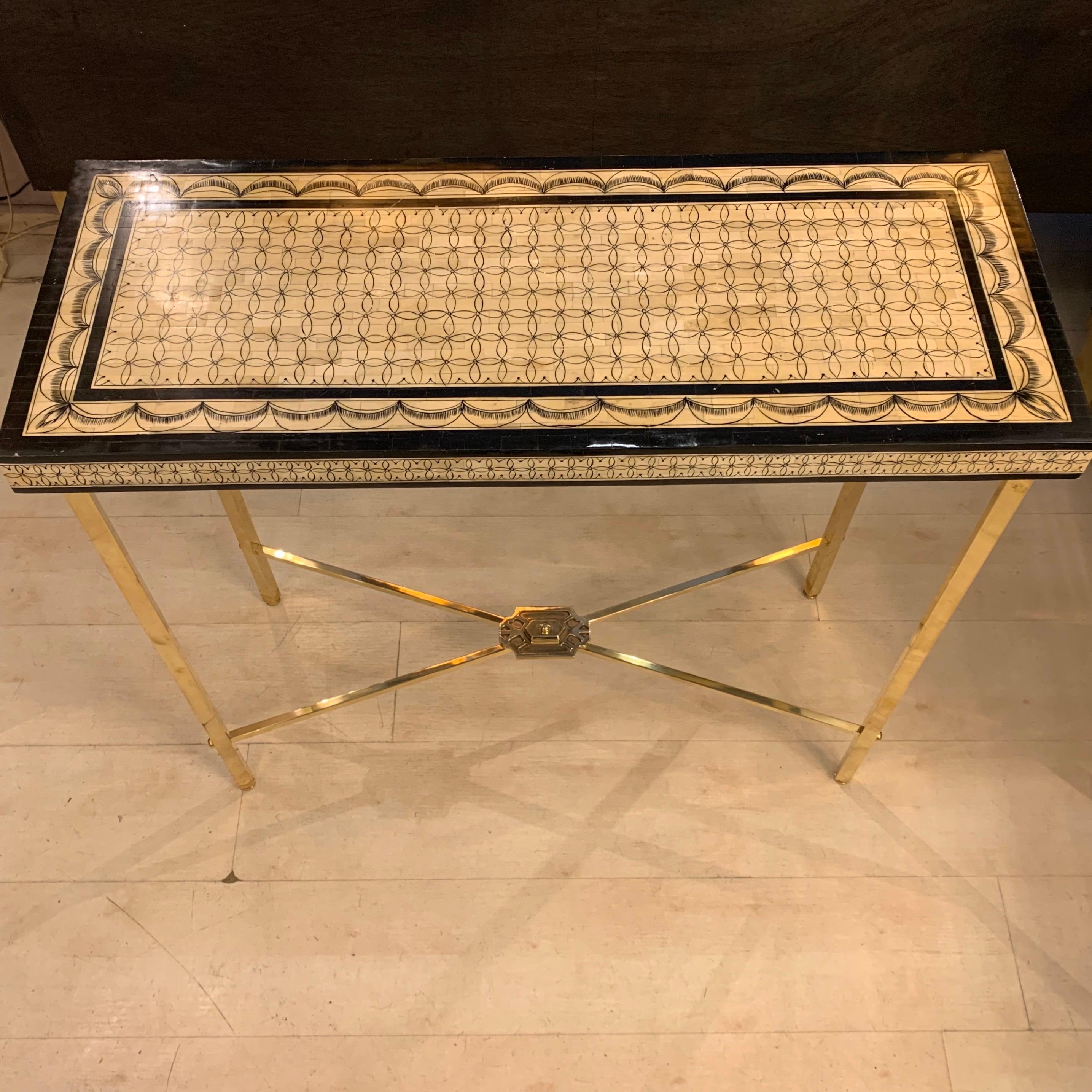 Mid-Century Modern Fornasetti Style Bone Mosaic Console with Brass Legs, 1970s
