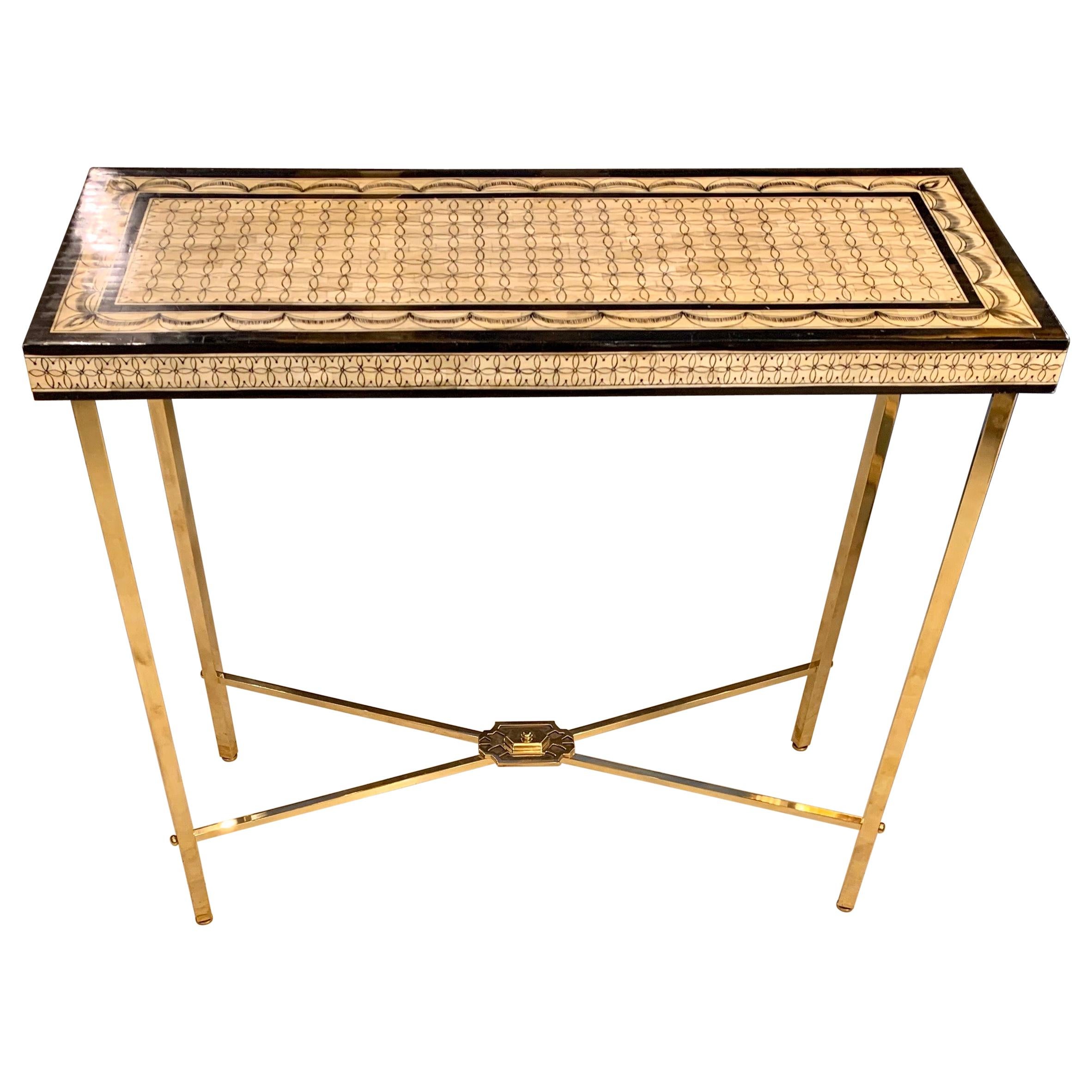 Fornasetti Style Bone Mosaic Console with Brass Legs, 1970s