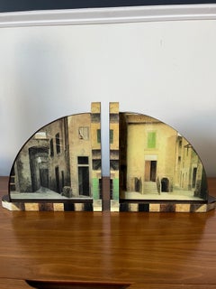 Fornasetti Style Italian Trompe l’Oeil Architectural Bookends with Glass, Tuscan