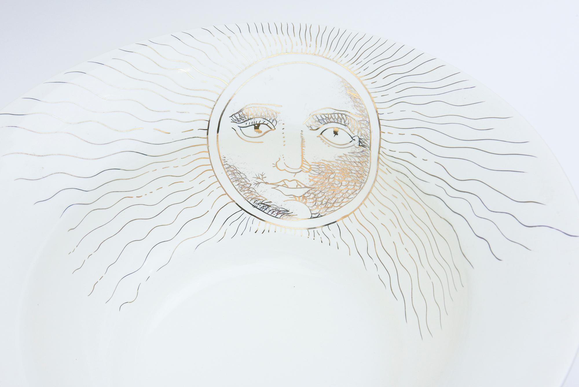 Fornasetti Style Large Signed Ceramic Sun Bowl with Gold Banding For Sale 1