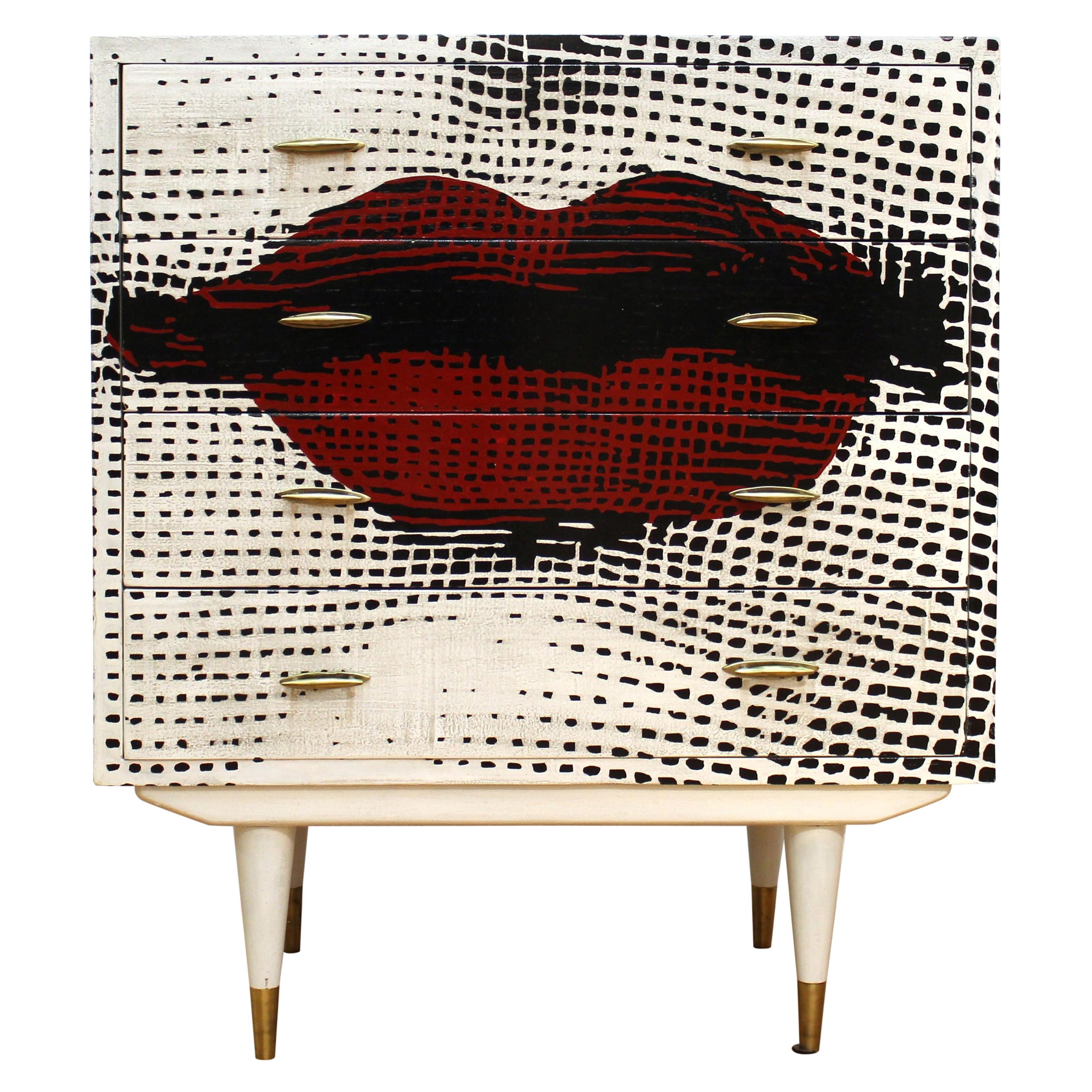 Mid-Century Modern Chest of Drawers with Painted Red Lips Face