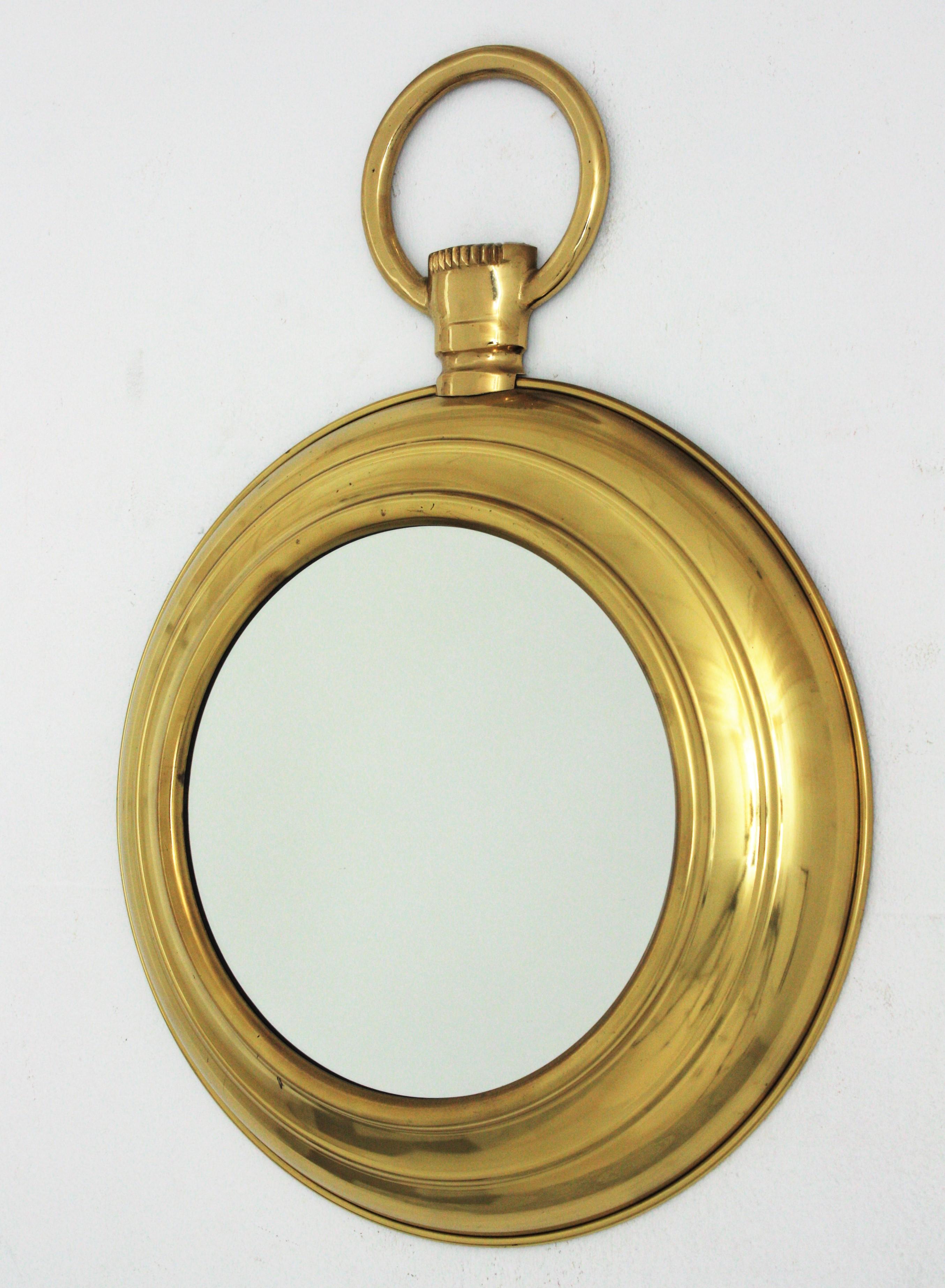Fornasetti Style Pocket Watch Wall Mirror in Brass For Sale 5