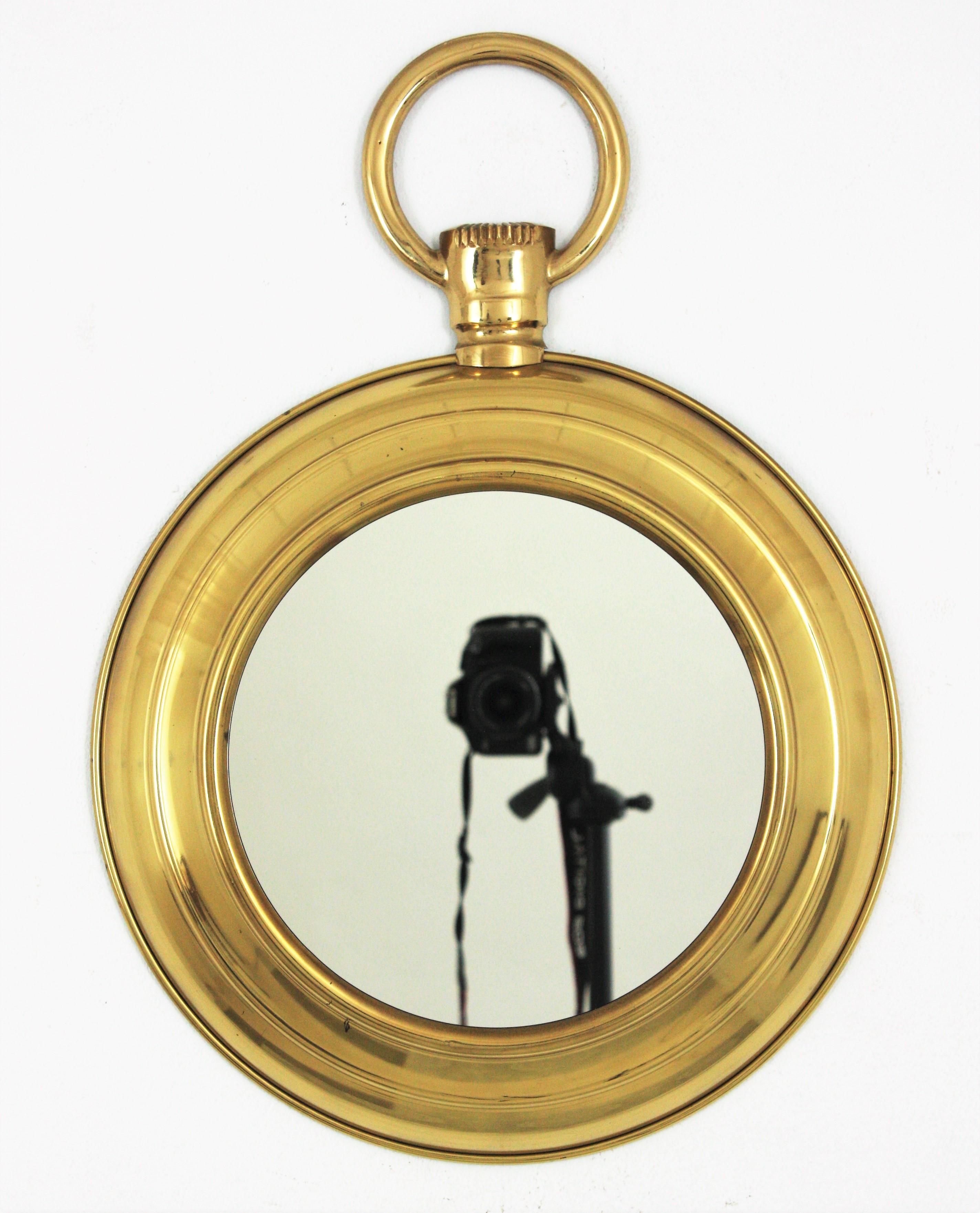 Mid-Century Modern Fornasetti Style Pocket Watch Wall Mirror in Brass For Sale