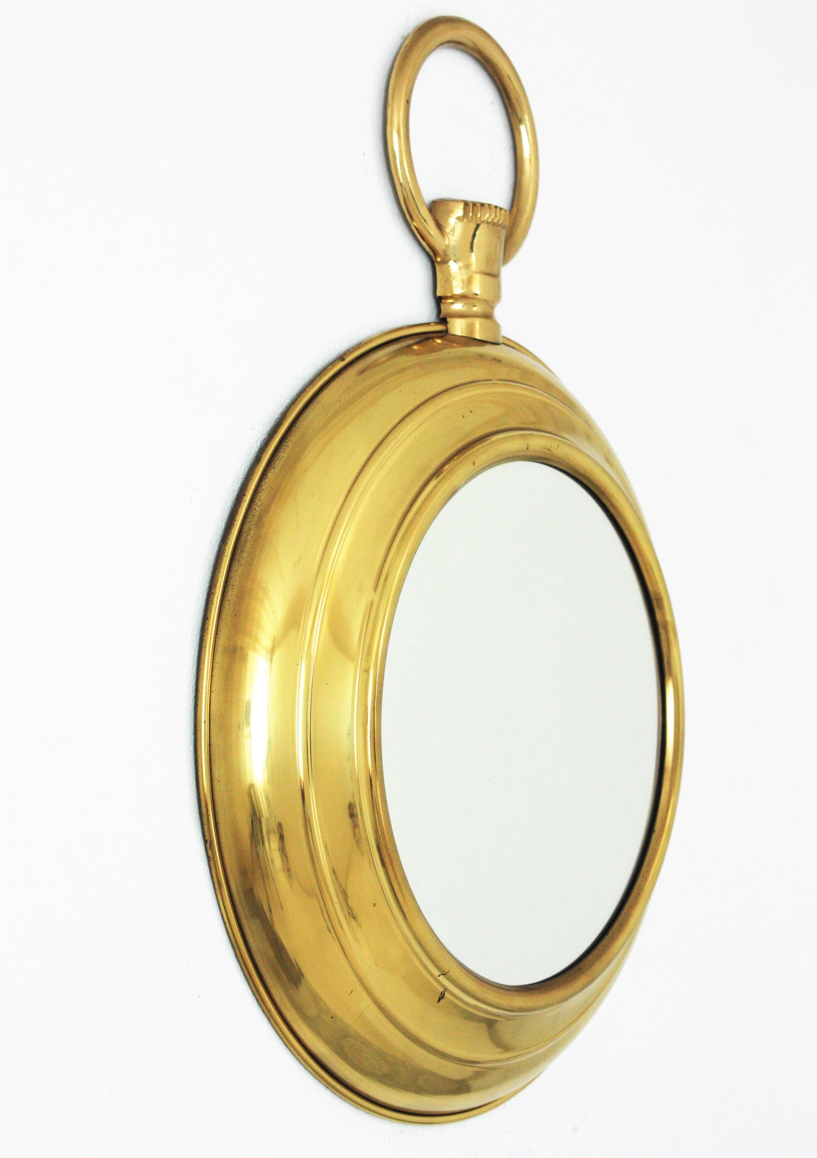 Italian Fornasetti Style Pocket Watch Wall Mirror in Brass For Sale