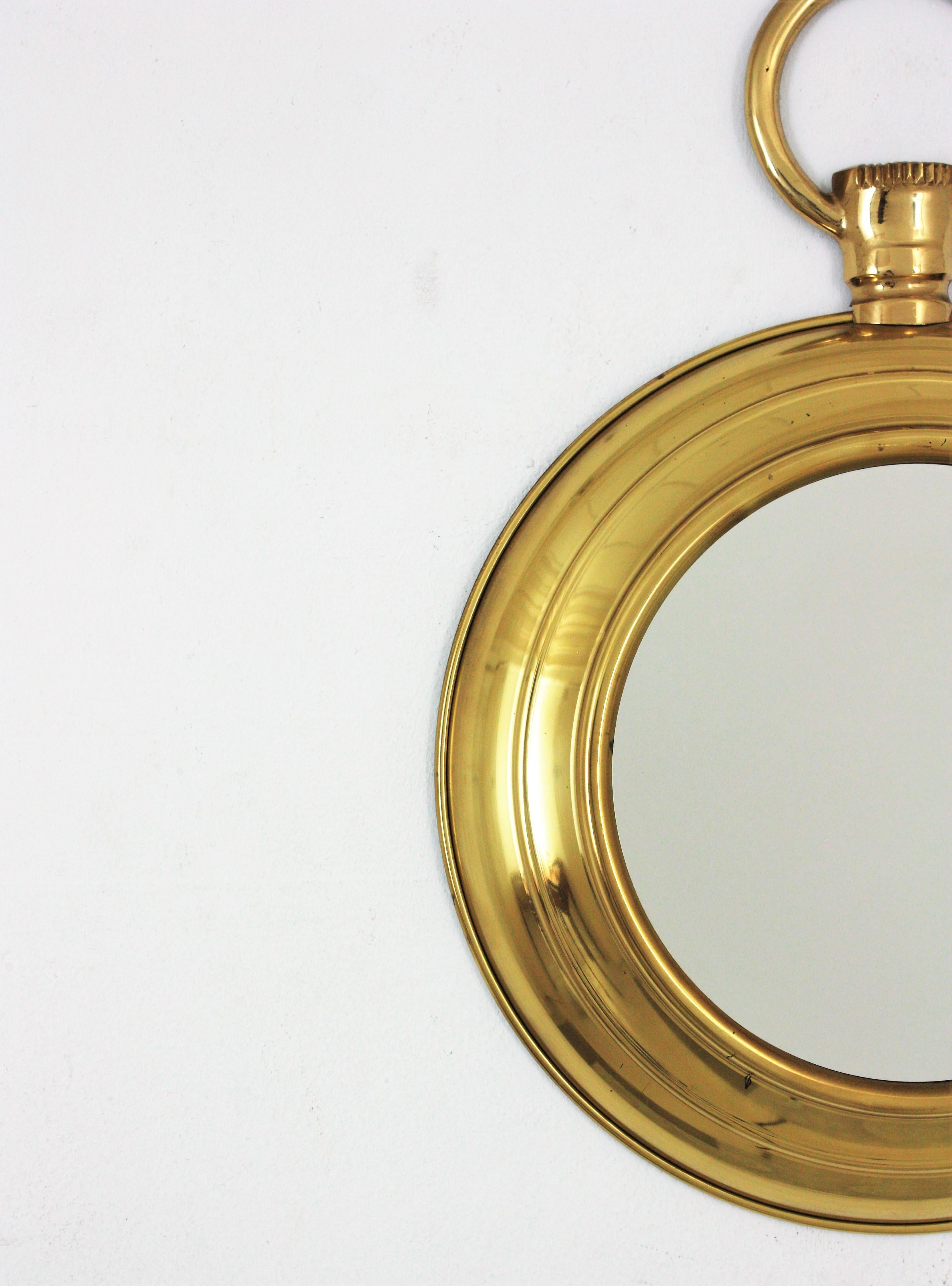 20th Century Fornasetti Style Pocket Watch Wall Mirror in Brass For Sale