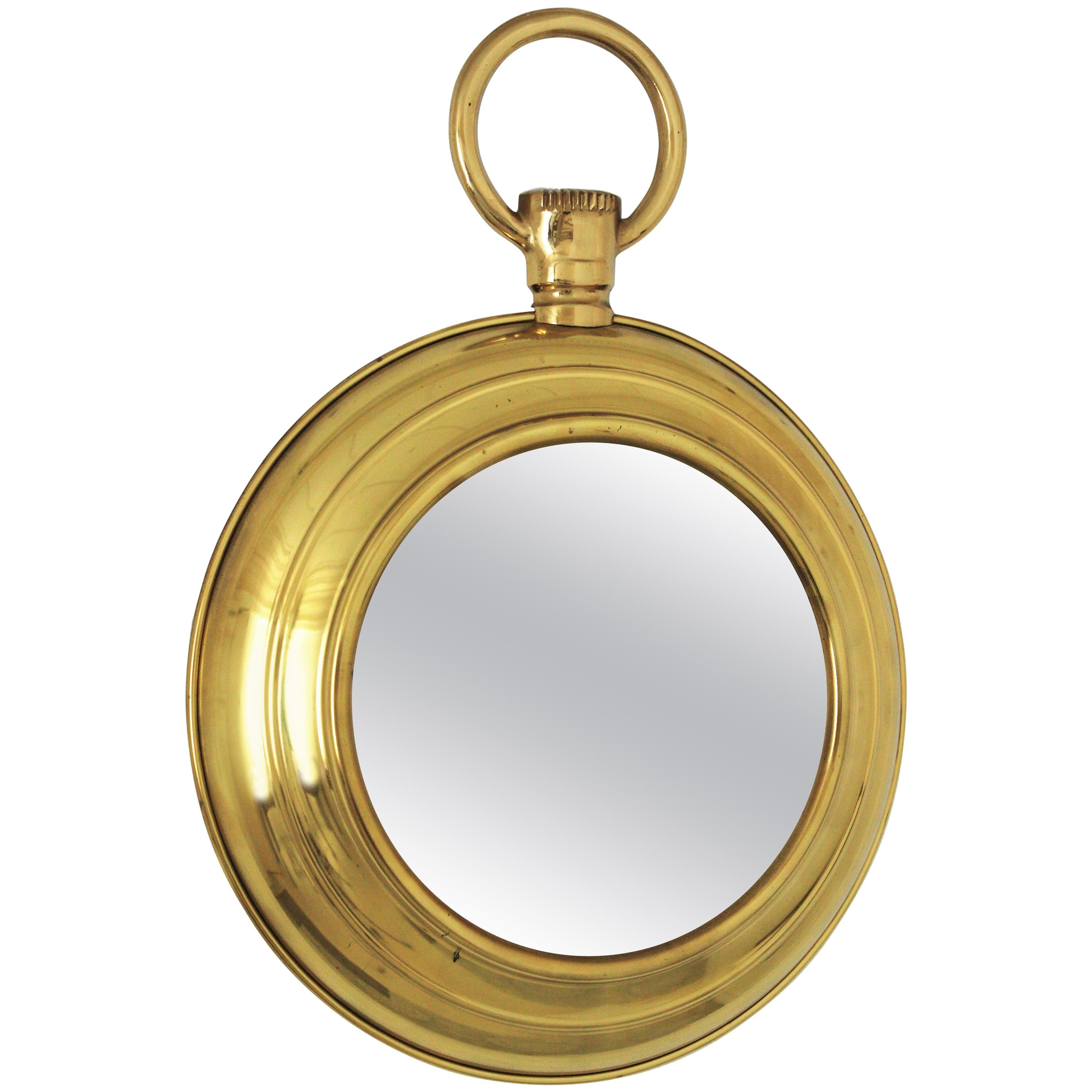 Fornasetti Style Midcentury Brass Pocket Watch Wall Round Mirror