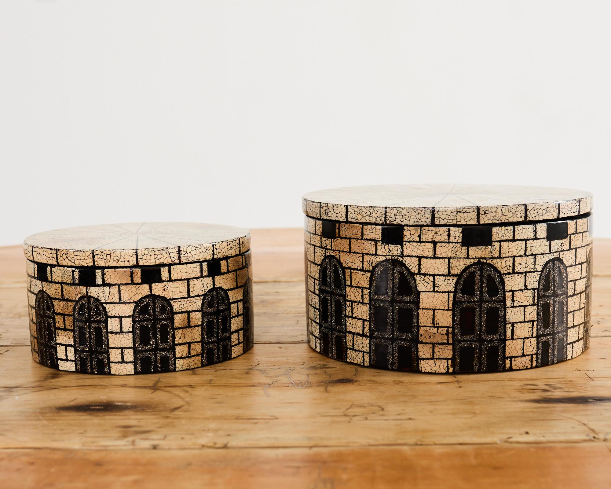 Contemporary Set of Seven Neoclassical Architettura Lacquer Eggshell Boxes For Sale