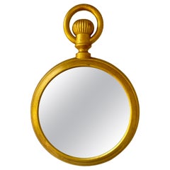 Fornasetti Style Pocket Watch Wall Mirror in Gilt Iron