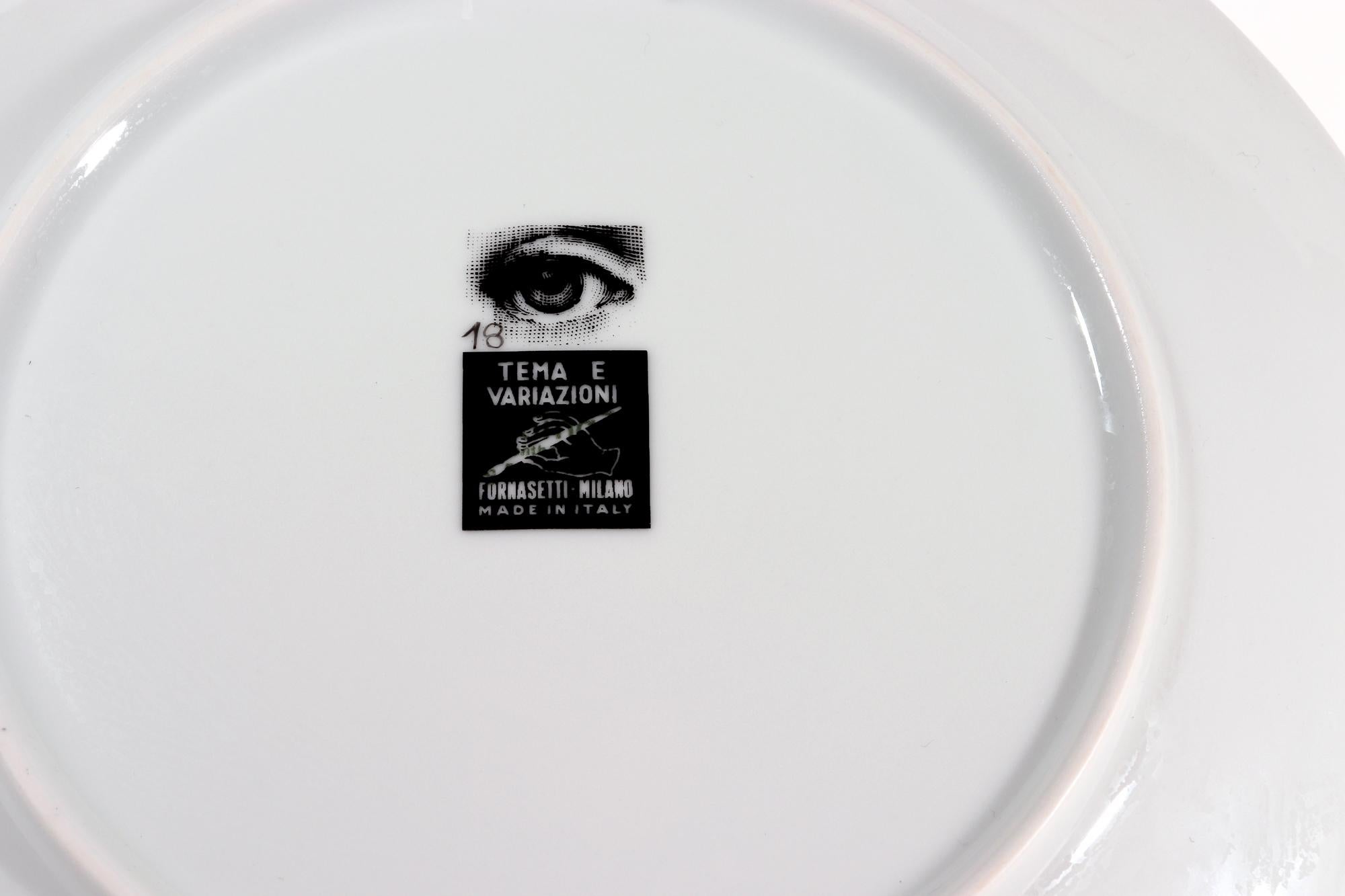 Fornasetti Porcelain Themes 
Variation Plate, #18,
Circles,
Atelier Fornasetti


The Fornasetti porcelain plate in the Themes 
Variation pattern depicts a depiction of the face of Lina Cavalieri, Piero Fornasetti's muse.

Diameter: 10