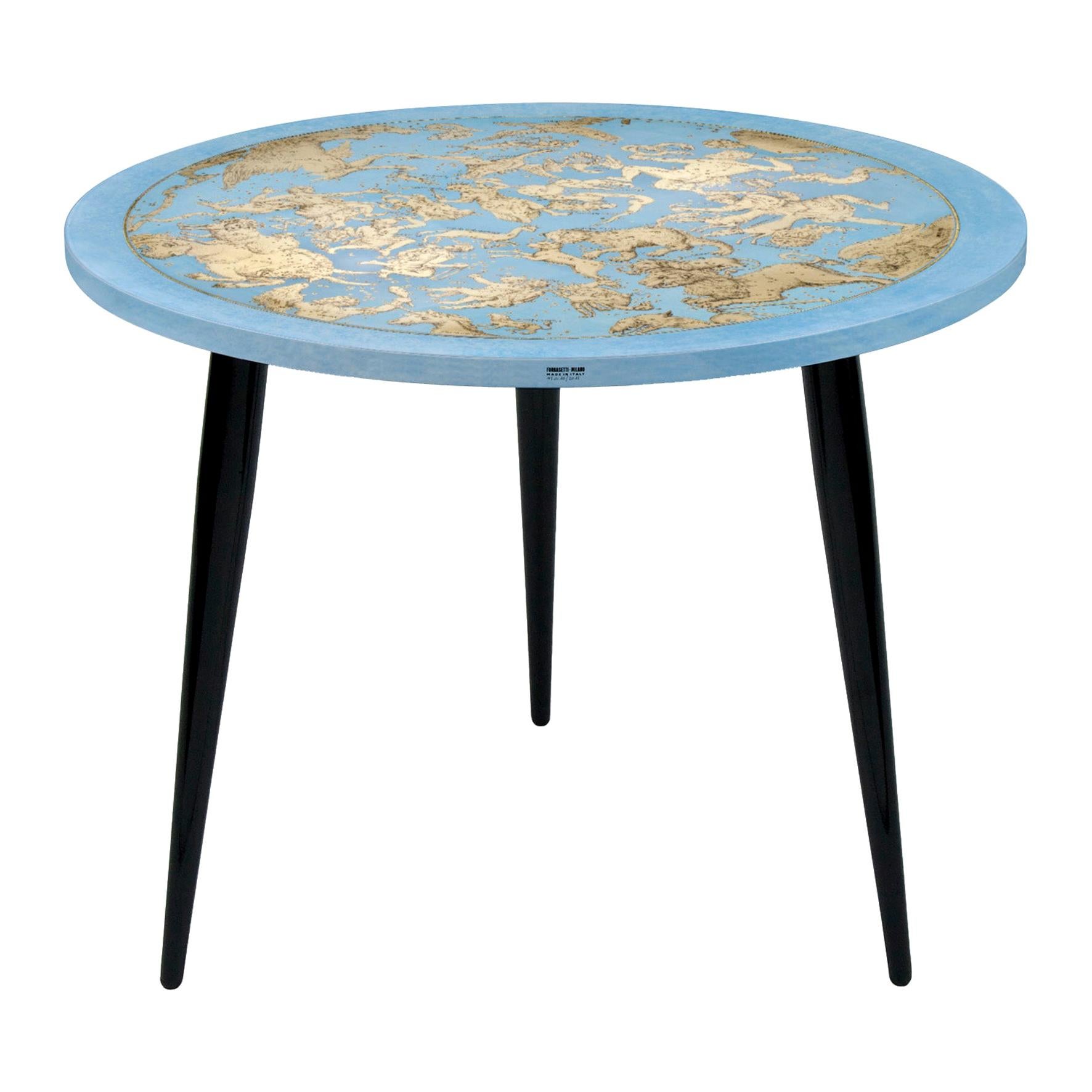 Fornasetti Table Emisfero Occidentale Gold/Sponged Blue, Wooden Legs