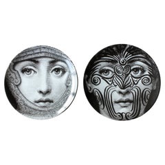 Fornasetti Tema E Variazioni Porcelain Plates, Numbers 9 + 95, 1990s