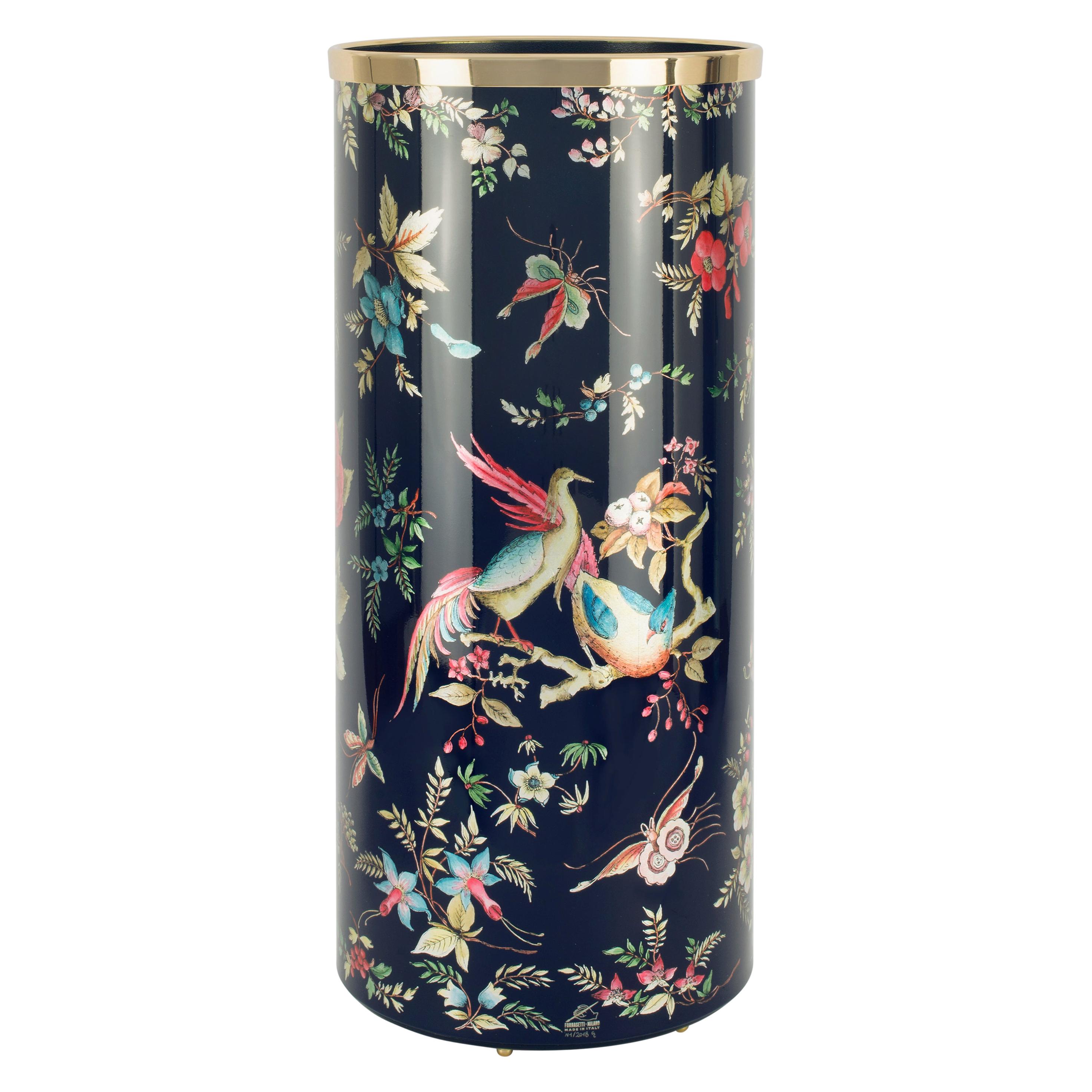 Fornasetti Umbrella Stand Coromandel Hand Colored on with Silver Leaf on Blue