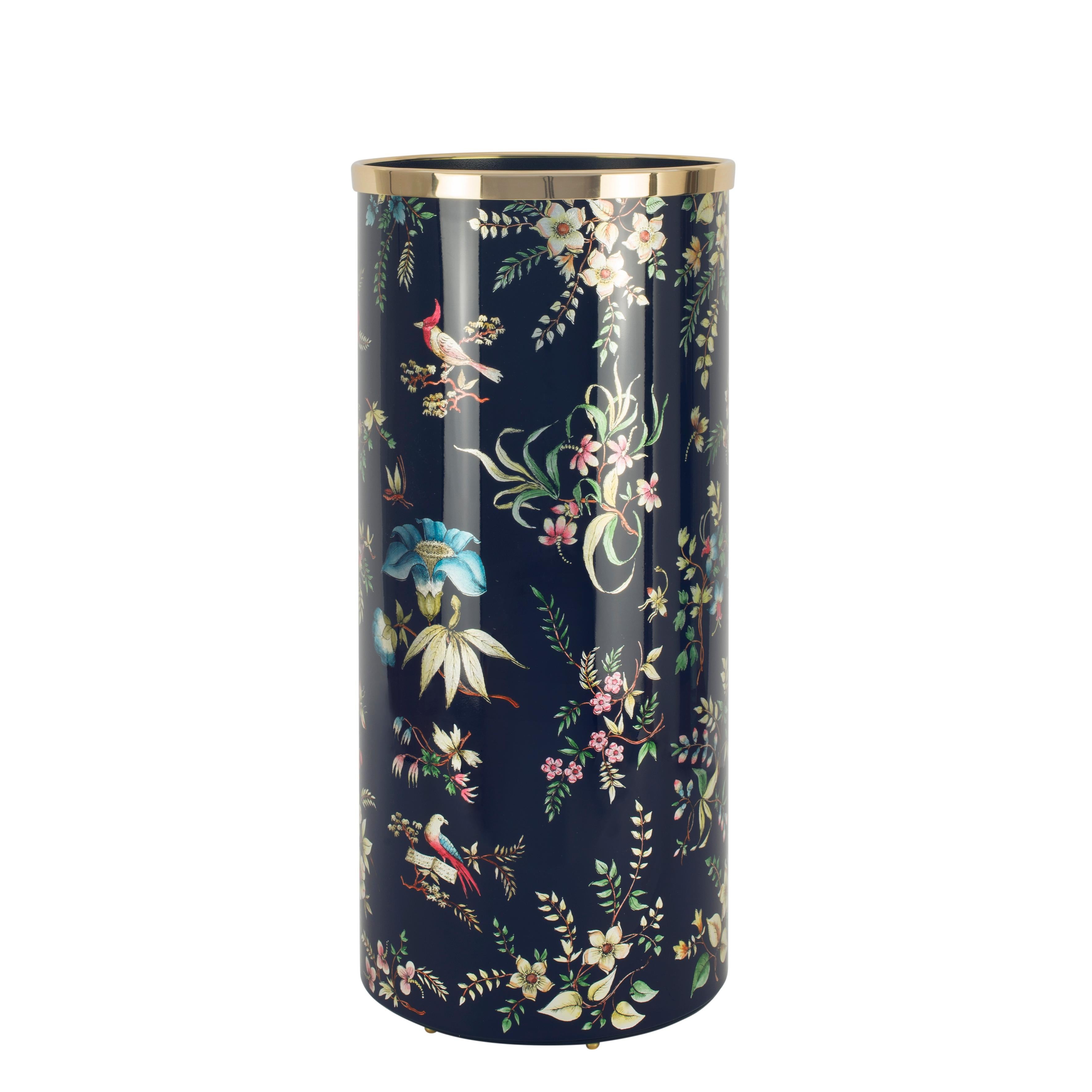 Modern Fornasetti Umbrella Stand Coromandel Hand Colored on with Silver Leaf on Blue