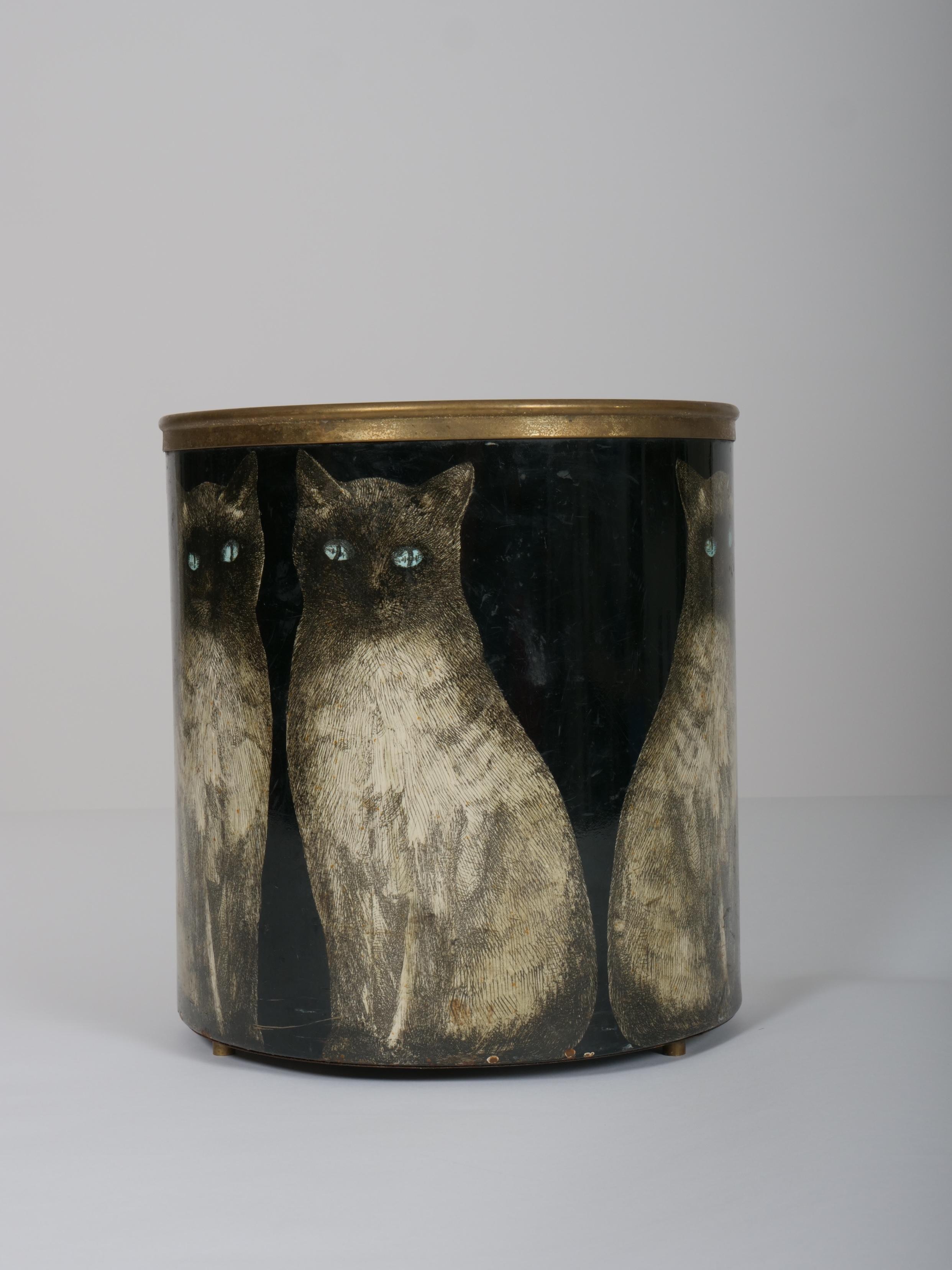 Mid-Century Modern Fornasetti waste basket / bin Siamese cats