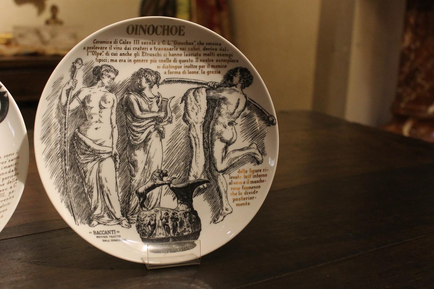 Fornasetti Limited Edition White Porcelain, Black and Gold Printed Plates 1970s For Sale 11