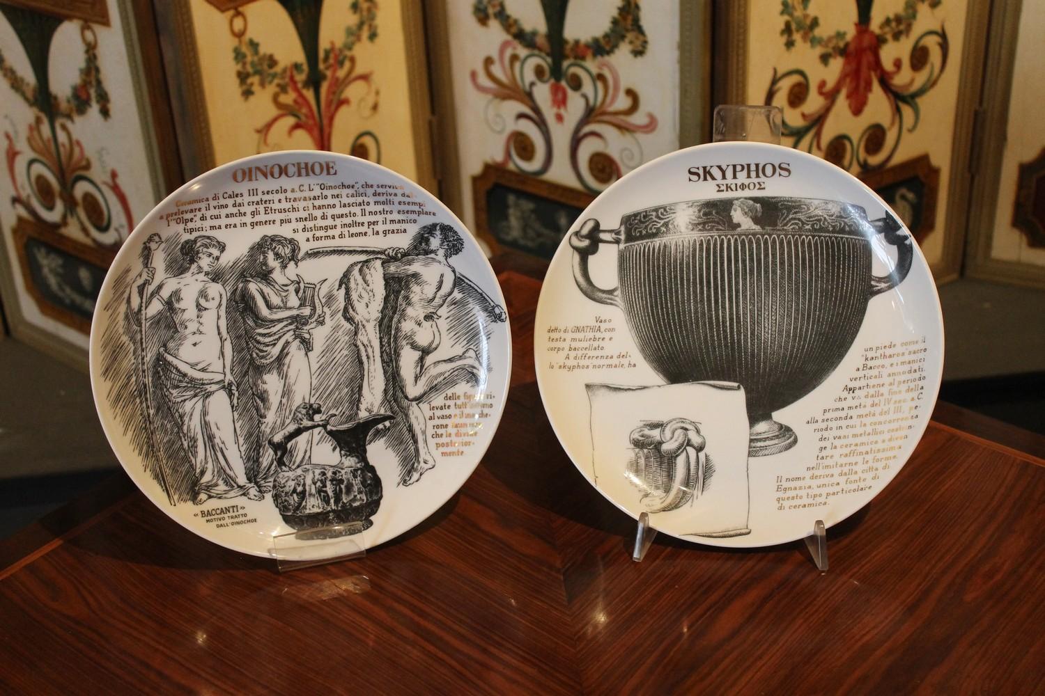 Italian Fornasetti Limited Edition White Porcelain, Black and Gold Printed Plates 1970s For Sale